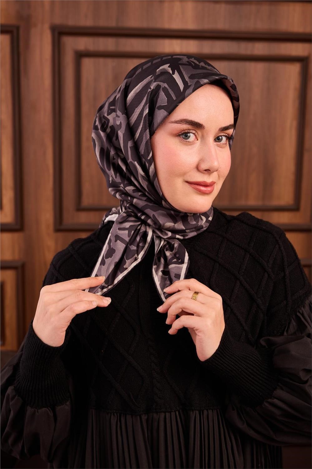 Twill İpek Eşarp Siyah-Gümüş Kamuflaj Desenli Tok Duruşlu 90x90