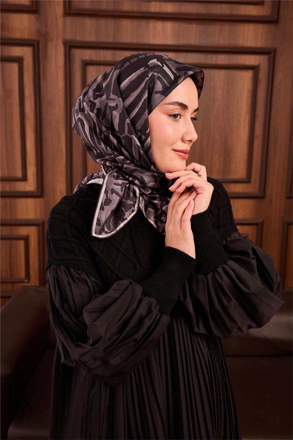 Twill İpek Eşarp Siyah-Gümüş Kamuflaj Desenli Tok Duruşlu 90x90