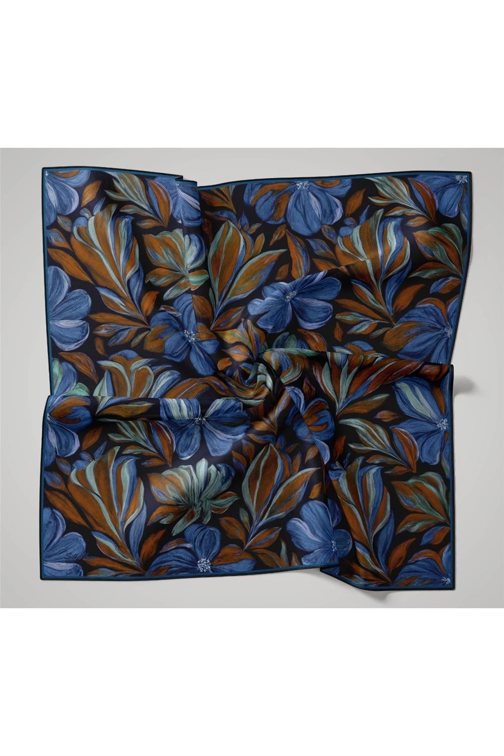 Twill İpek Eşarp Siyah-Kahverengi Yaprak Desenli Tok Duruşlu 90x90