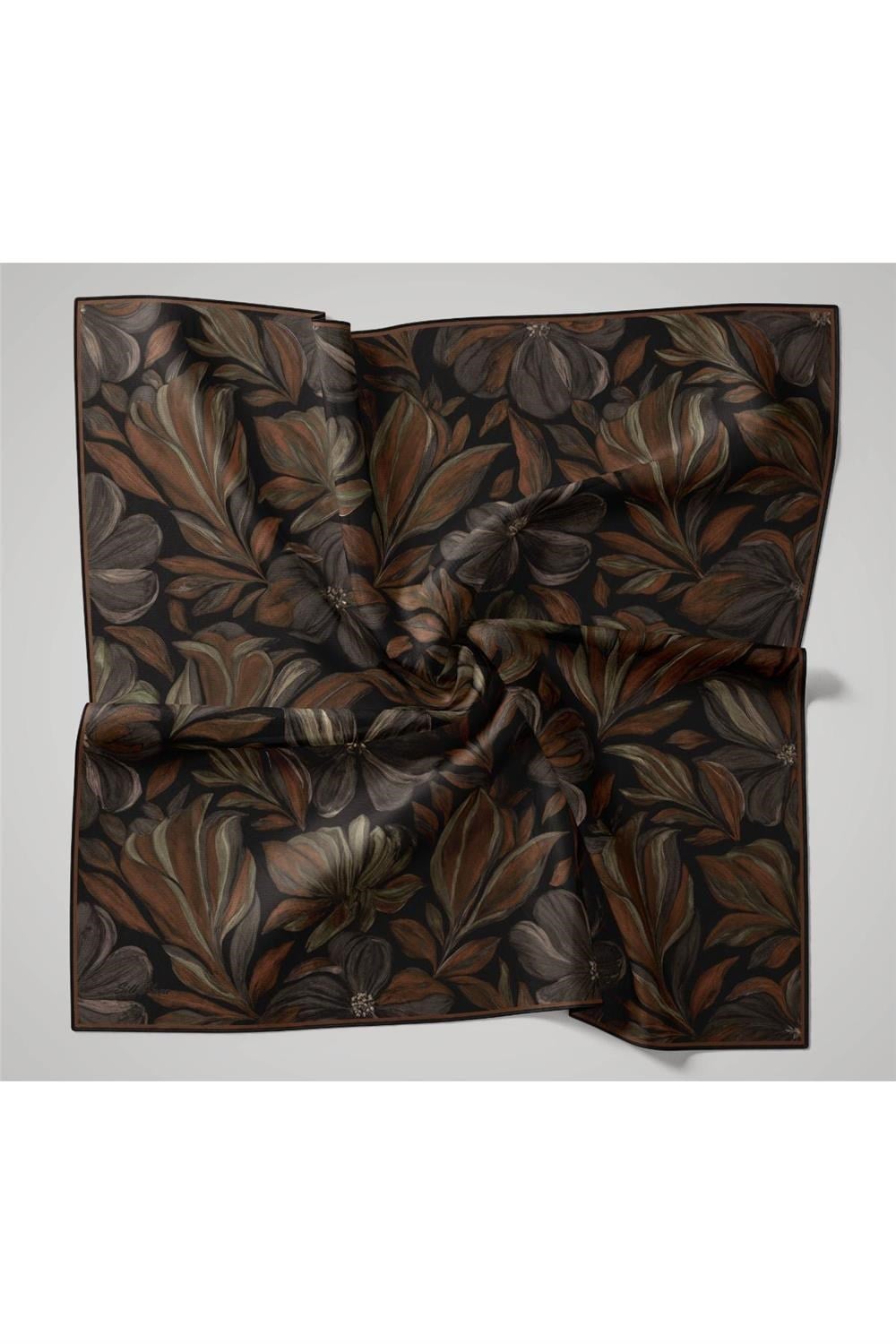 Twill İpek Eşarp Siyah-Kimyon Soyut Desenli Tok Duruşlu 90x90