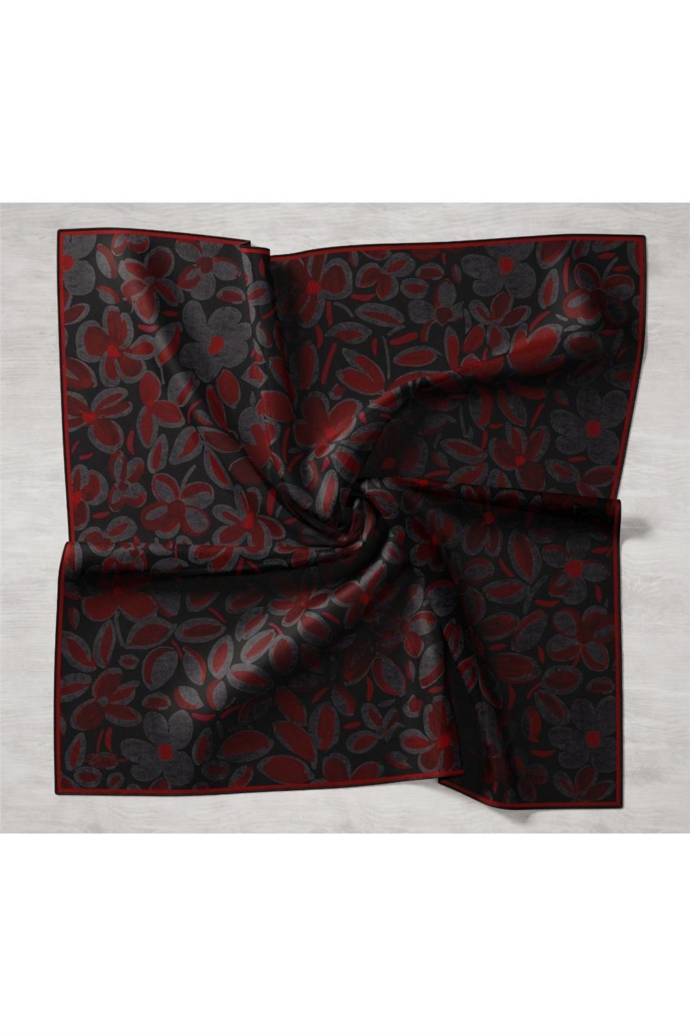 Twill İpek Eşarp Siyah Kırmızı Antrasit Papatya Desenli Tok Duruşlu 90x90