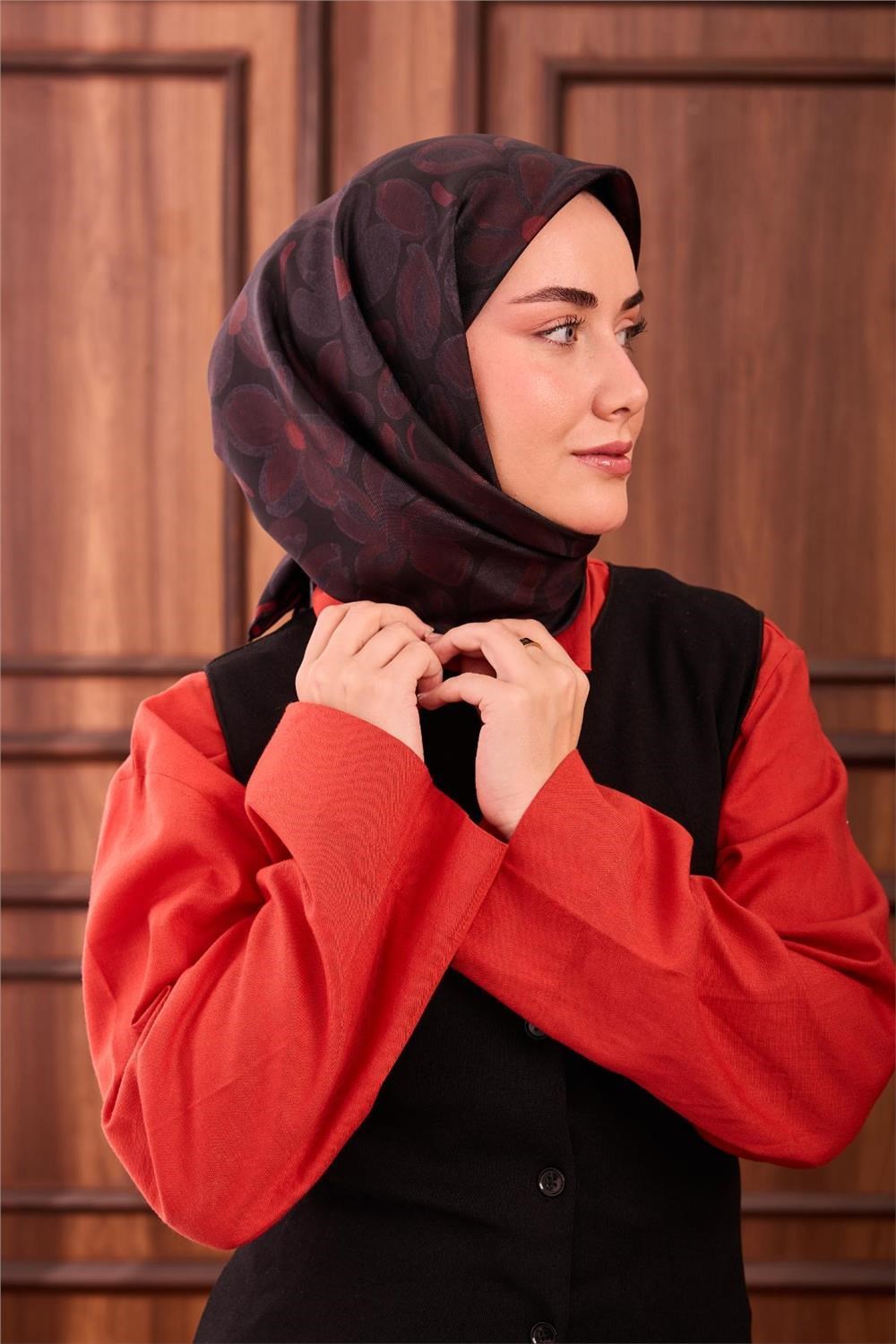 Twill İpek Eşarp Siyah Kırmızı Antrasit Papatya Desenli Tok Duruşlu 90x90