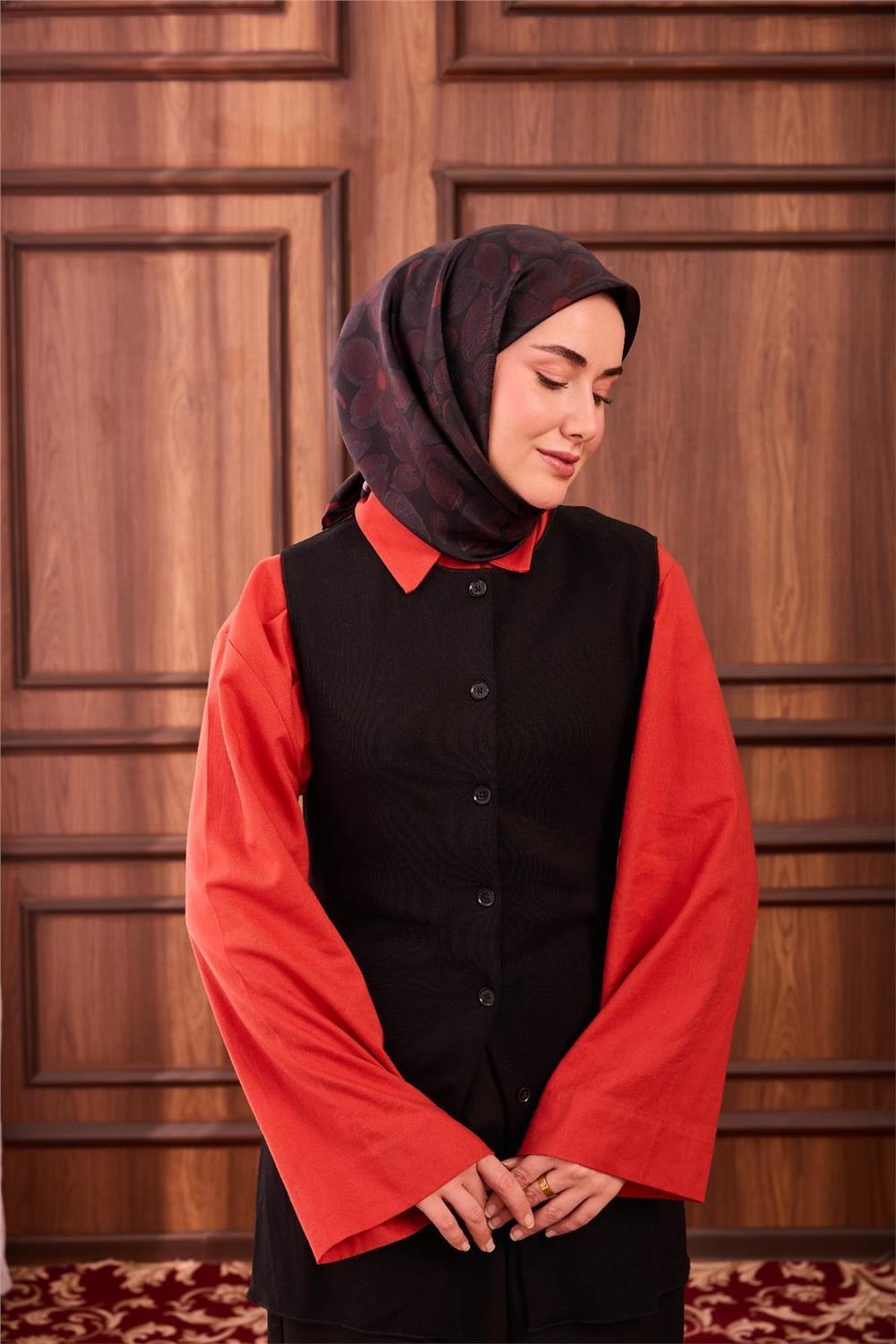 Twill İpek Eşarp Siyah Kırmızı Antrasit Papatya Desenli Tok Duruşlu 90x90