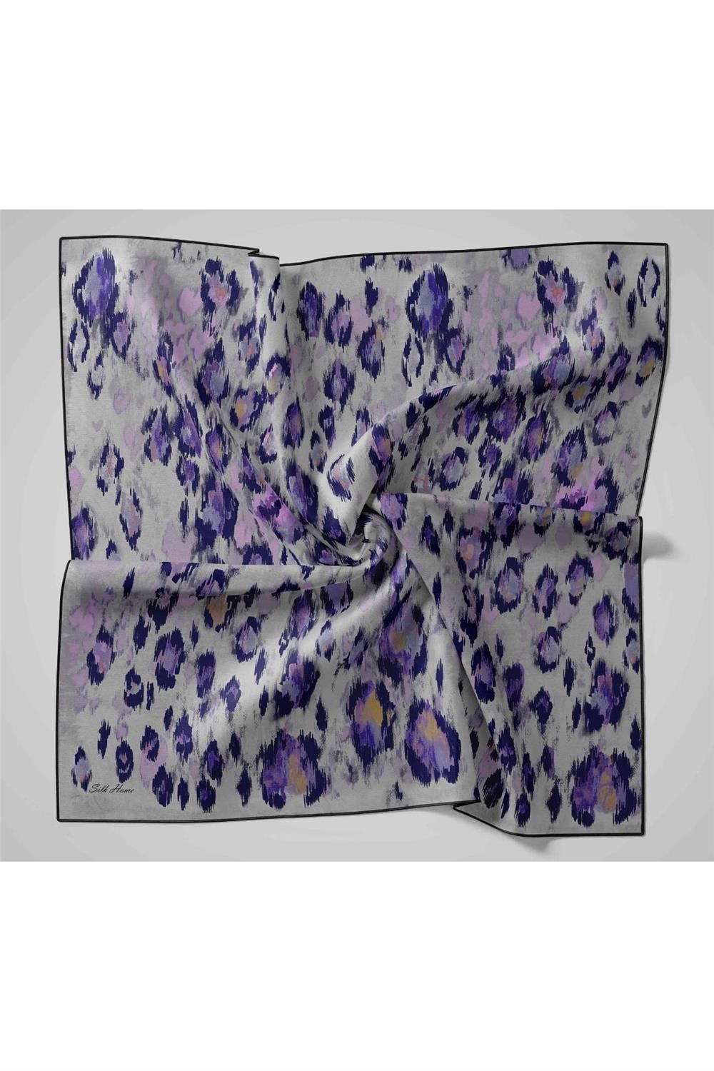 Twill İpek Eşarp Siyah-Leylak Desenli Tok Duruşlu 90x90