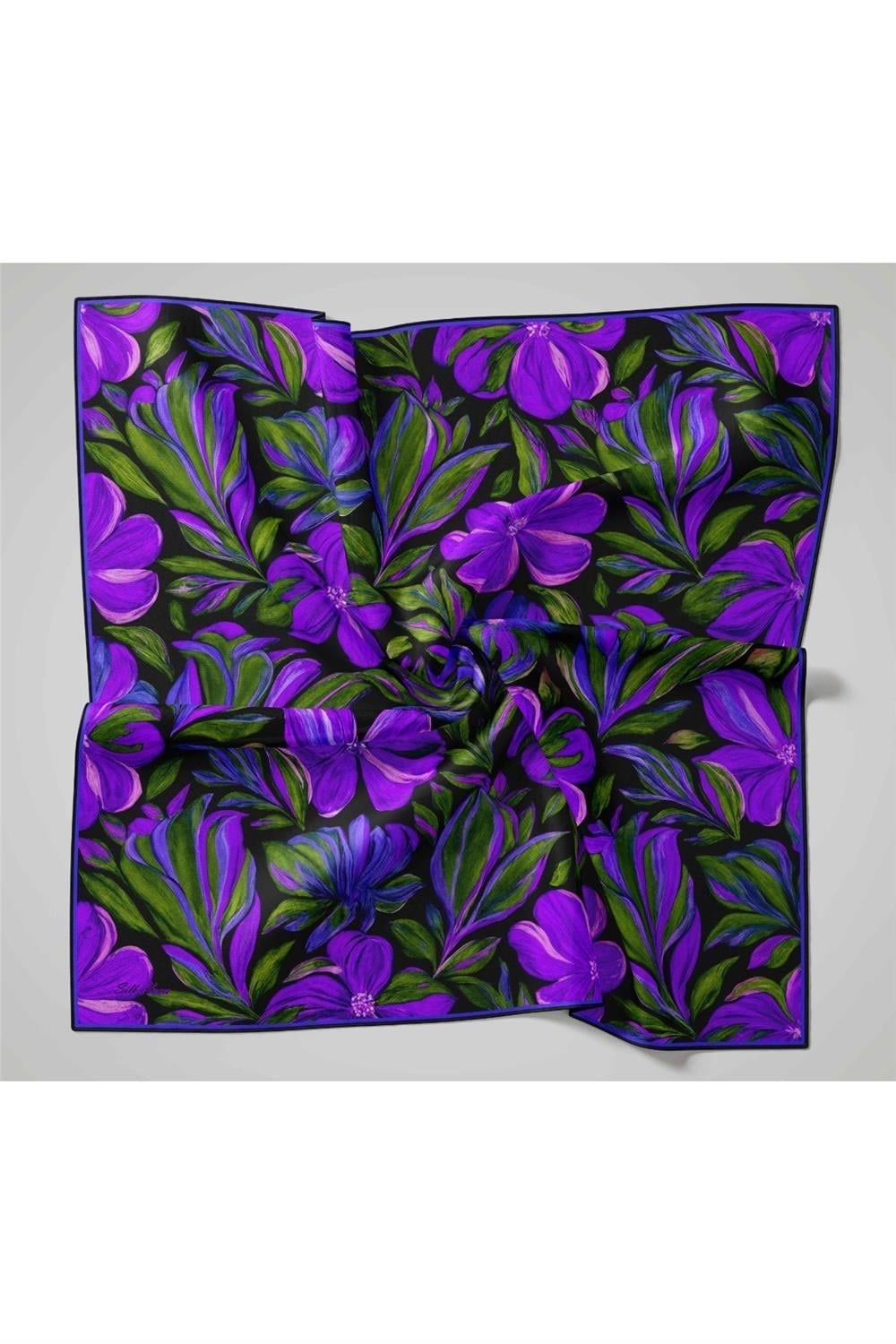 Twill İpek Eşarp Siyah-Mor Yeşil Çiçek Desenli Tok Duruşlu 90x90