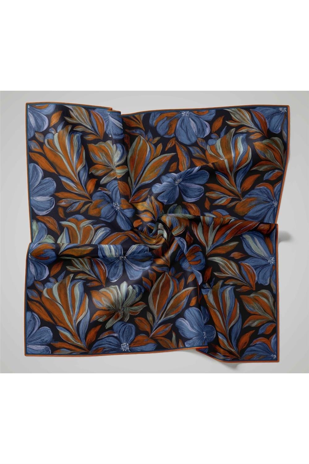 Twill İpek Eşarp Siyah-Tarçın Yaprak Desenli Tok Duruşlu 90x90