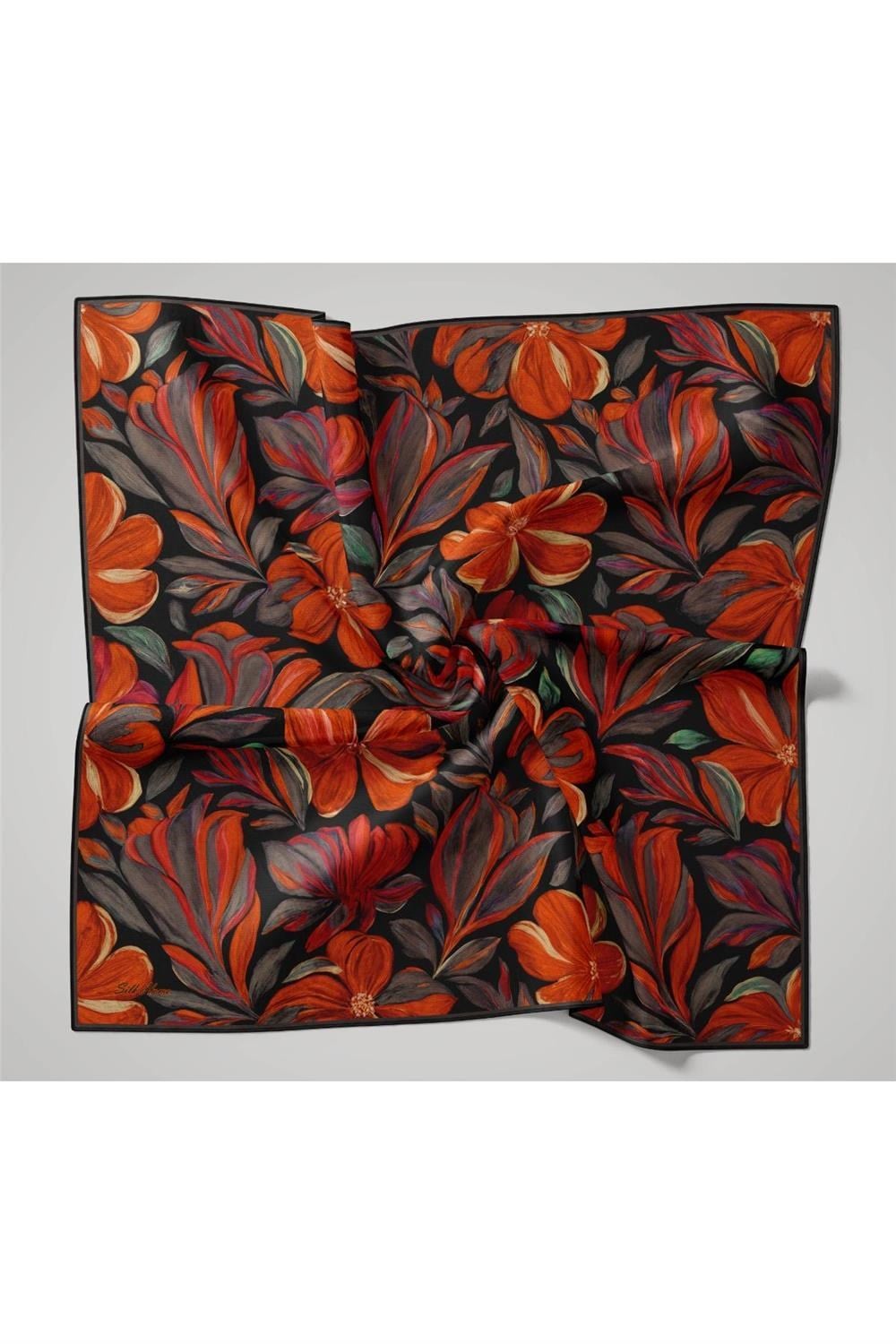 Twill İpek Eşarp Siyah-Turuncu Yaprak Desenli Tok Duruşlu 90x90