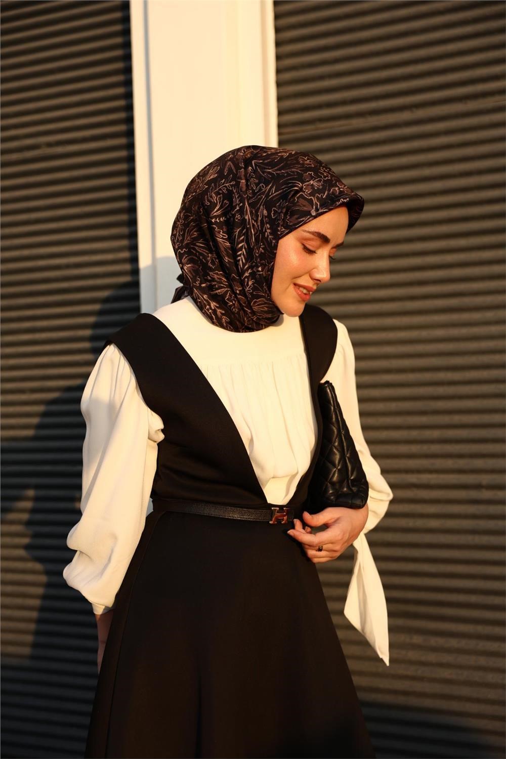Twill İpek Eşarp Siyah Vizon Çiçek Desenli Tok Duruşlu 90x90