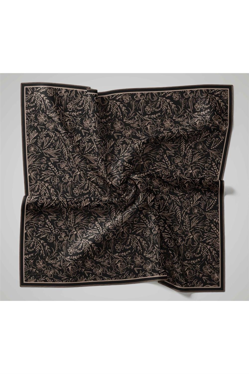 Twill İpek Eşarp Siyah Vizon Çiçek Desenli Tok Duruşlu 90x90