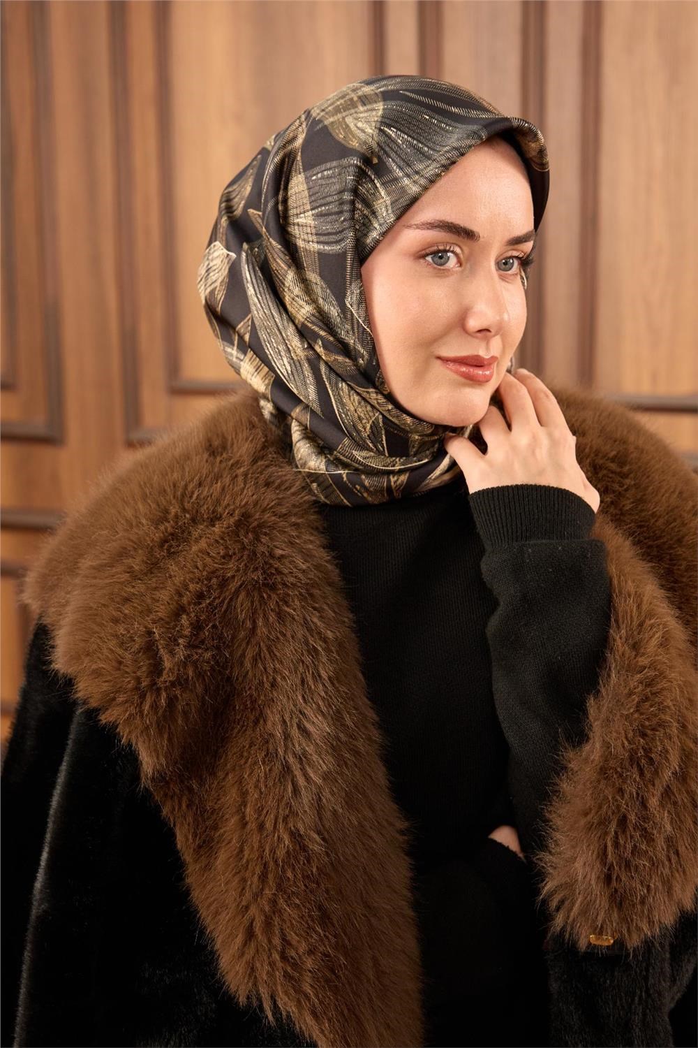 Twill İpek Eşarp Siyah-Vizon Krem Gold Geçişli Kaymaz Tok Duruşlu 90x90