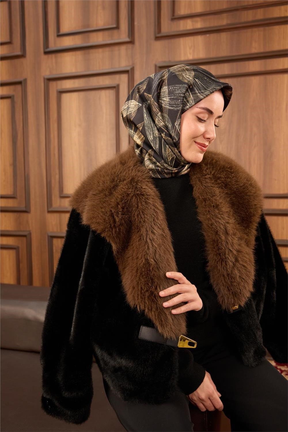 Twill İpek Eşarp Siyah-Vizon Krem Gold Geçişli Kaymaz Tok Duruşlu 90x90