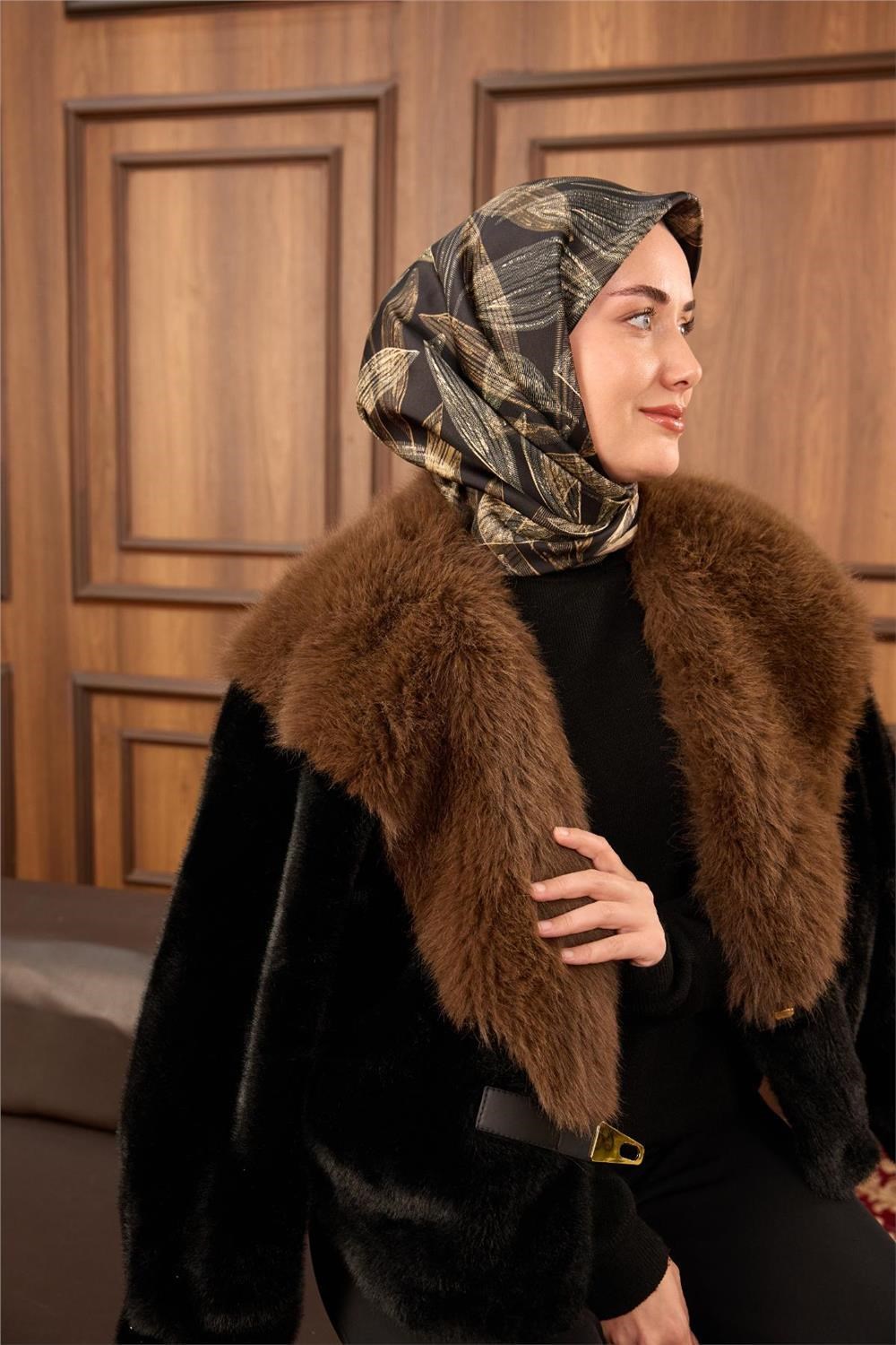 Twill İpek Eşarp Siyah-Vizon Krem Gold Geçişli Kaymaz Tok Duruşlu 90x90