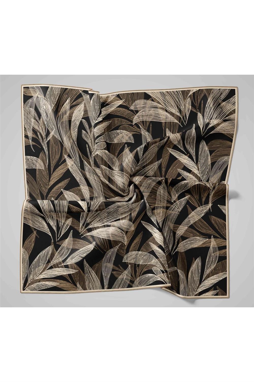 Twill İpek Eşarp Siyah-Vizon Krem Gold Geçişli Kaymaz Tok Duruşlu 90x90