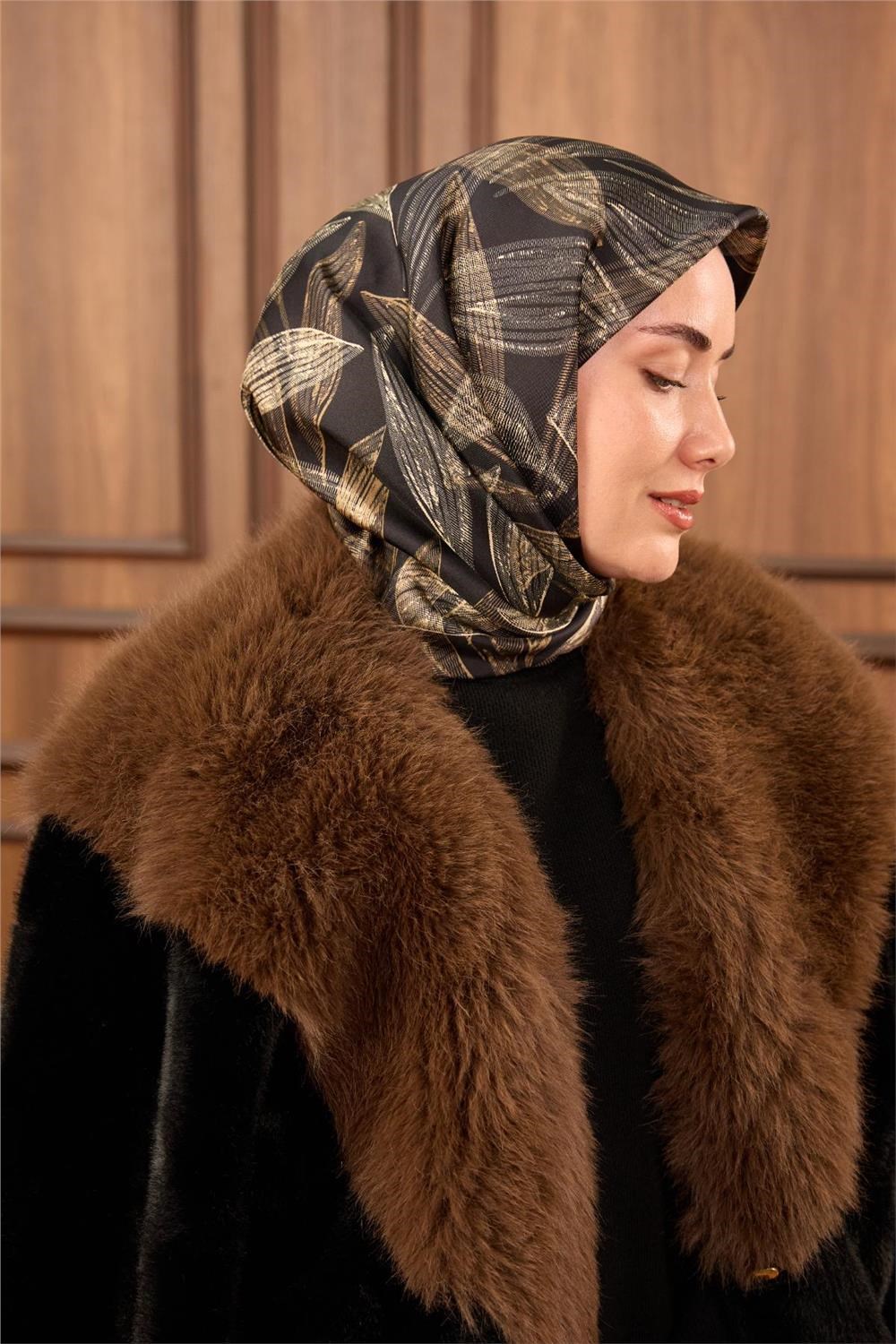 Twill İpek Eşarp Siyah-Vizon Krem Gold Geçişli Kaymaz Tok Duruşlu 90x90