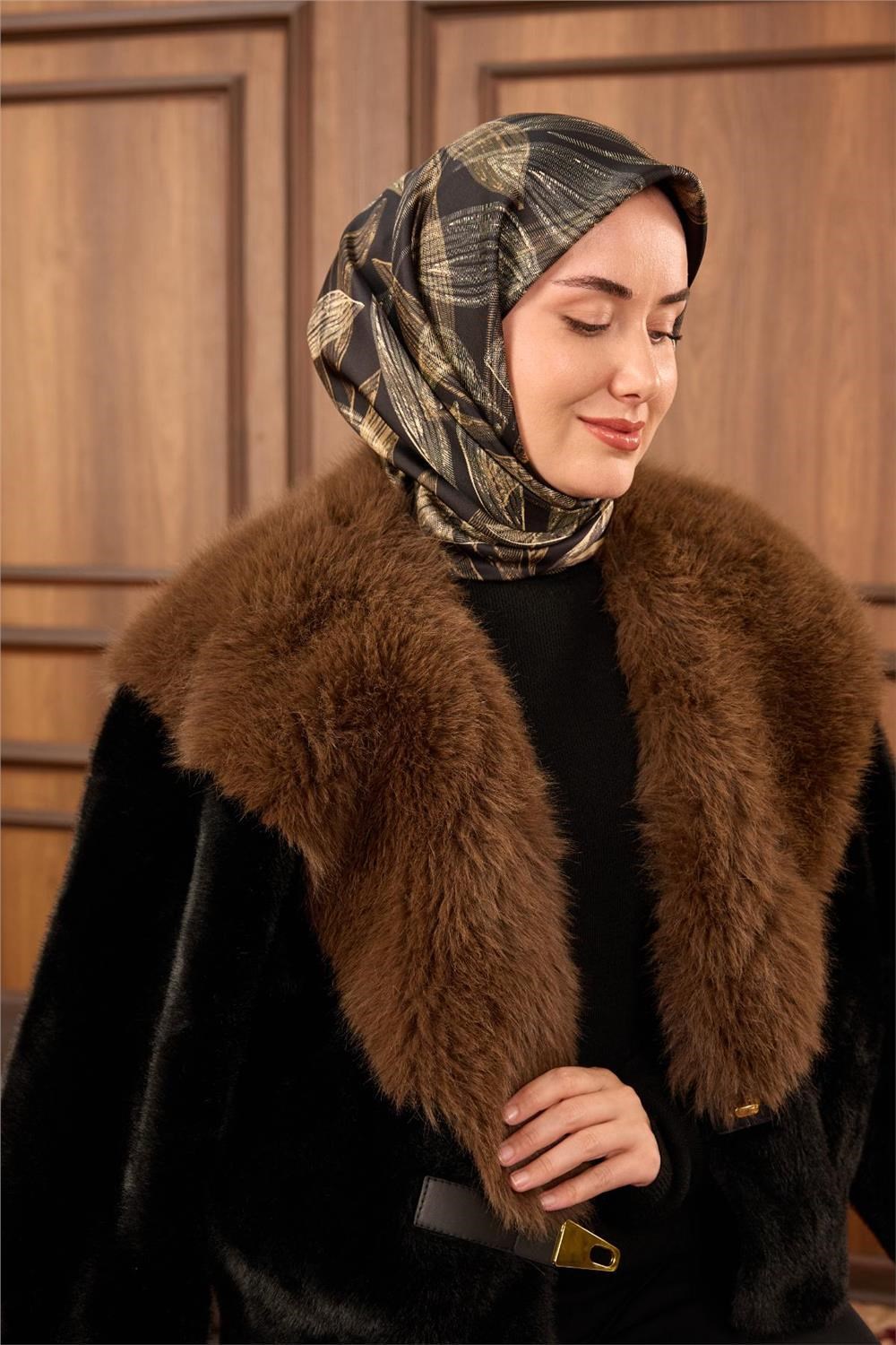 Twill İpek Eşarp Siyah-Vizon Krem Gold Geçişli Kaymaz Tok Duruşlu 90x90