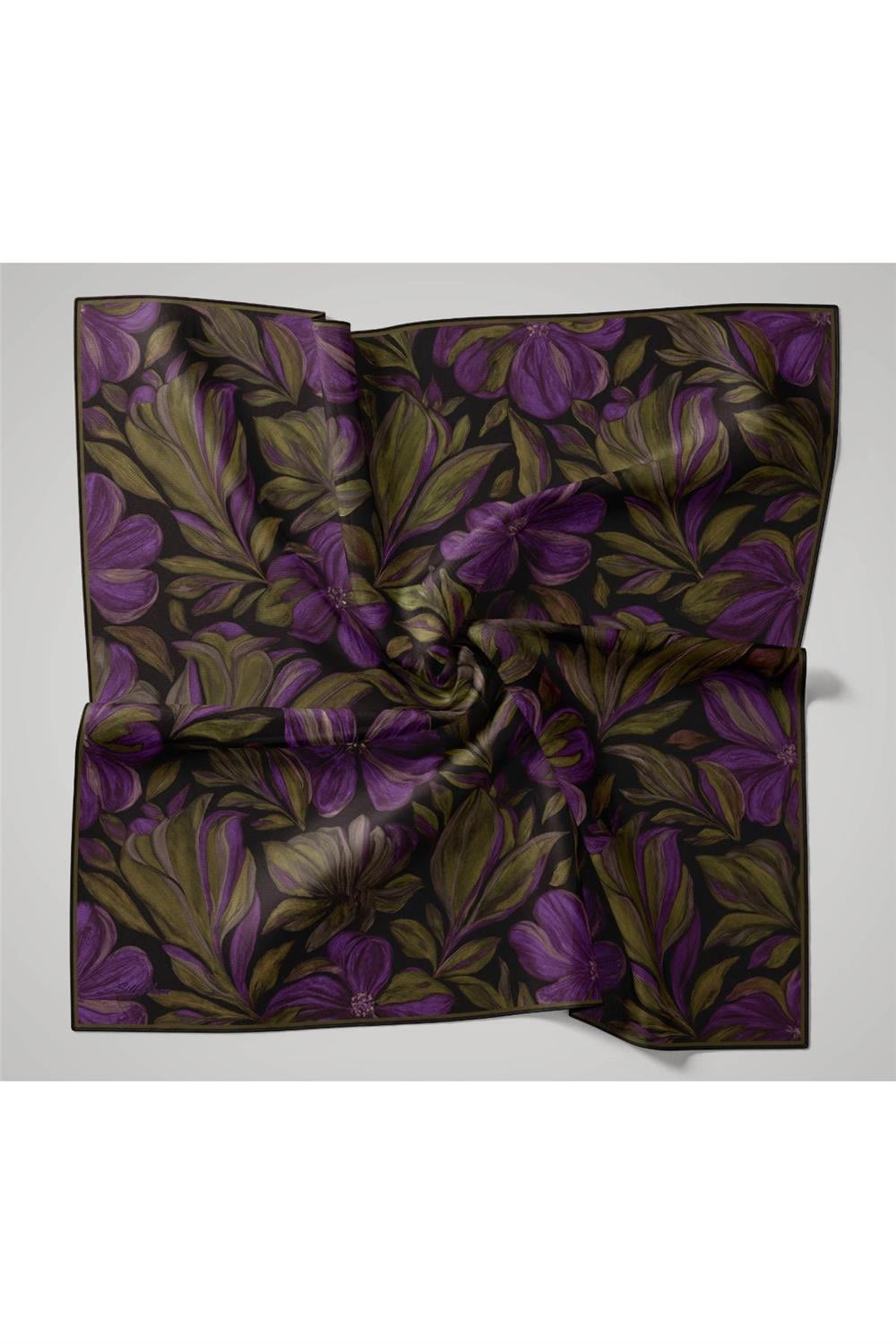 Twill İpek Eşarp Siyah-Yeşil-Mor-Pembe Desenli Tok Duruşlu 90x90