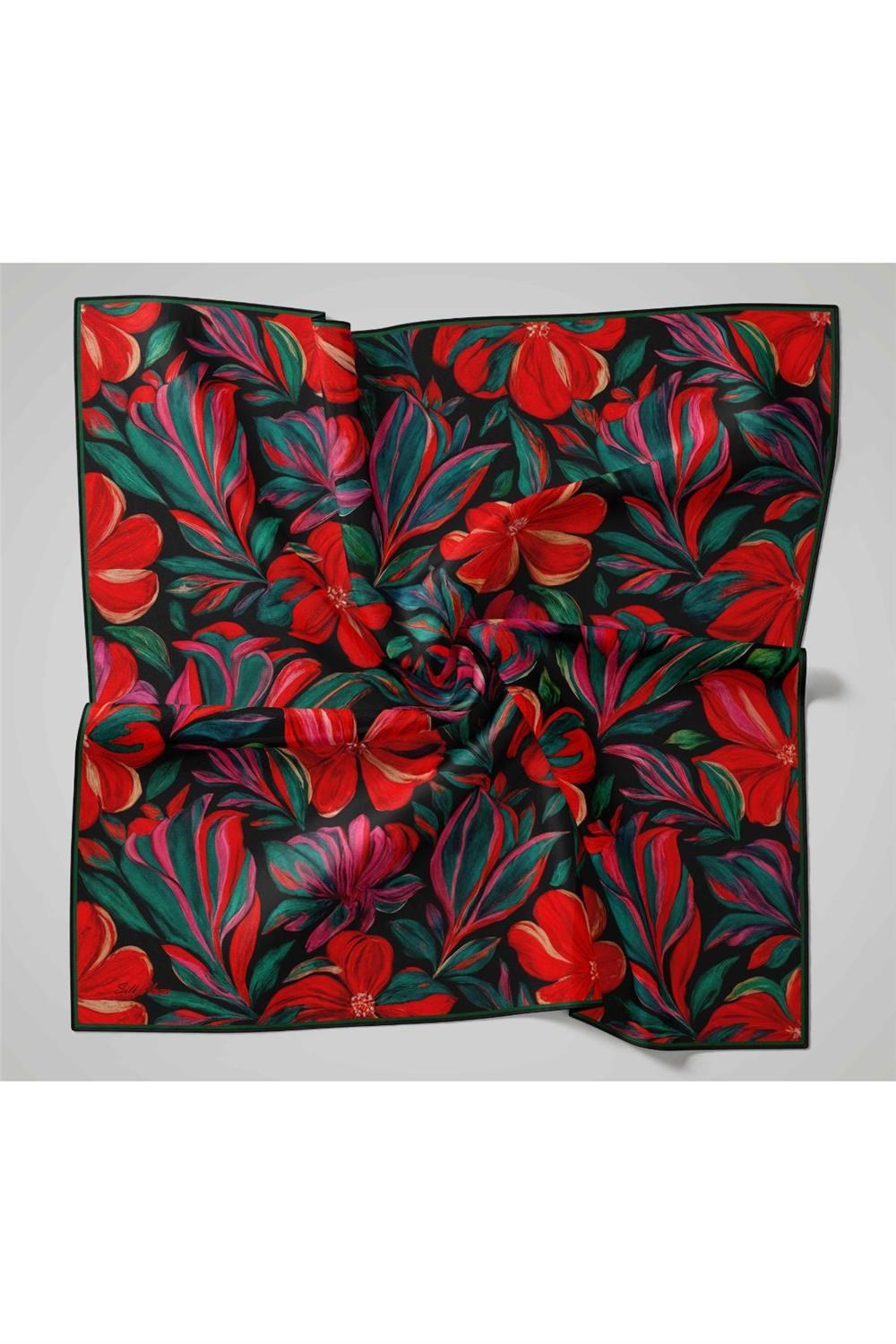 Twill İpek Eşarp Siyah-Zümrüt Mercan Desenli Tok Duruşlu 90x90