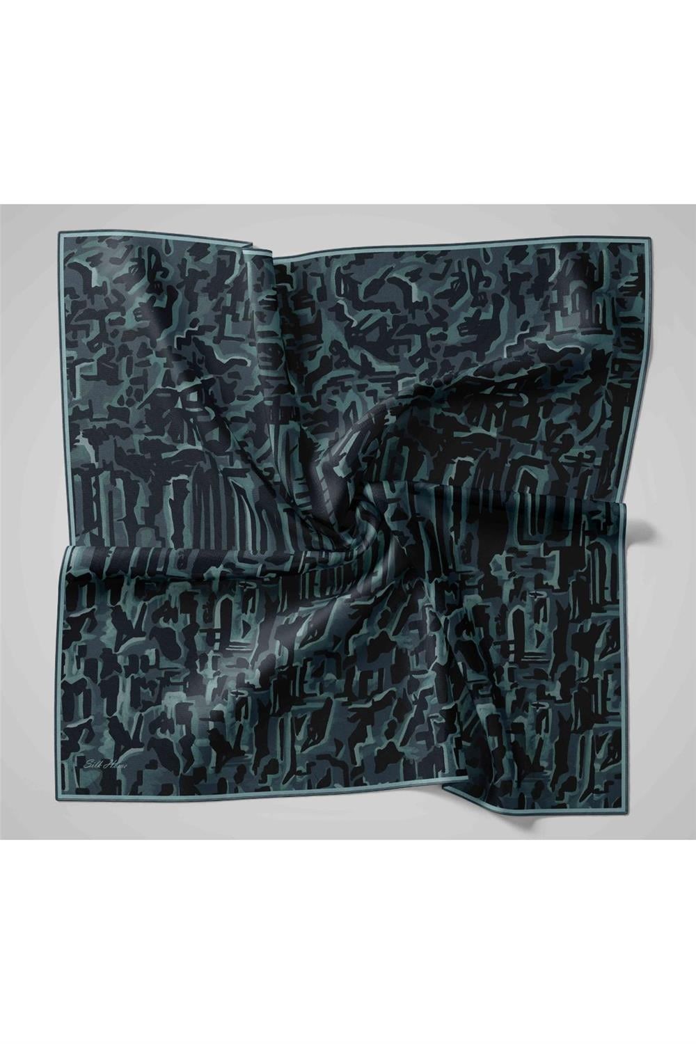 Twill İpek Eşarp Siyah–Bebe Mavi–Füme Desenli Tok Duruşlu 90x90