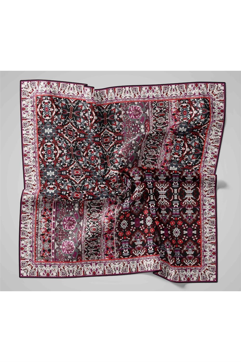 Twill İpek Eşarp Siyah–Bordo Desenli Tok Duruşlu Kaymaz 90x90