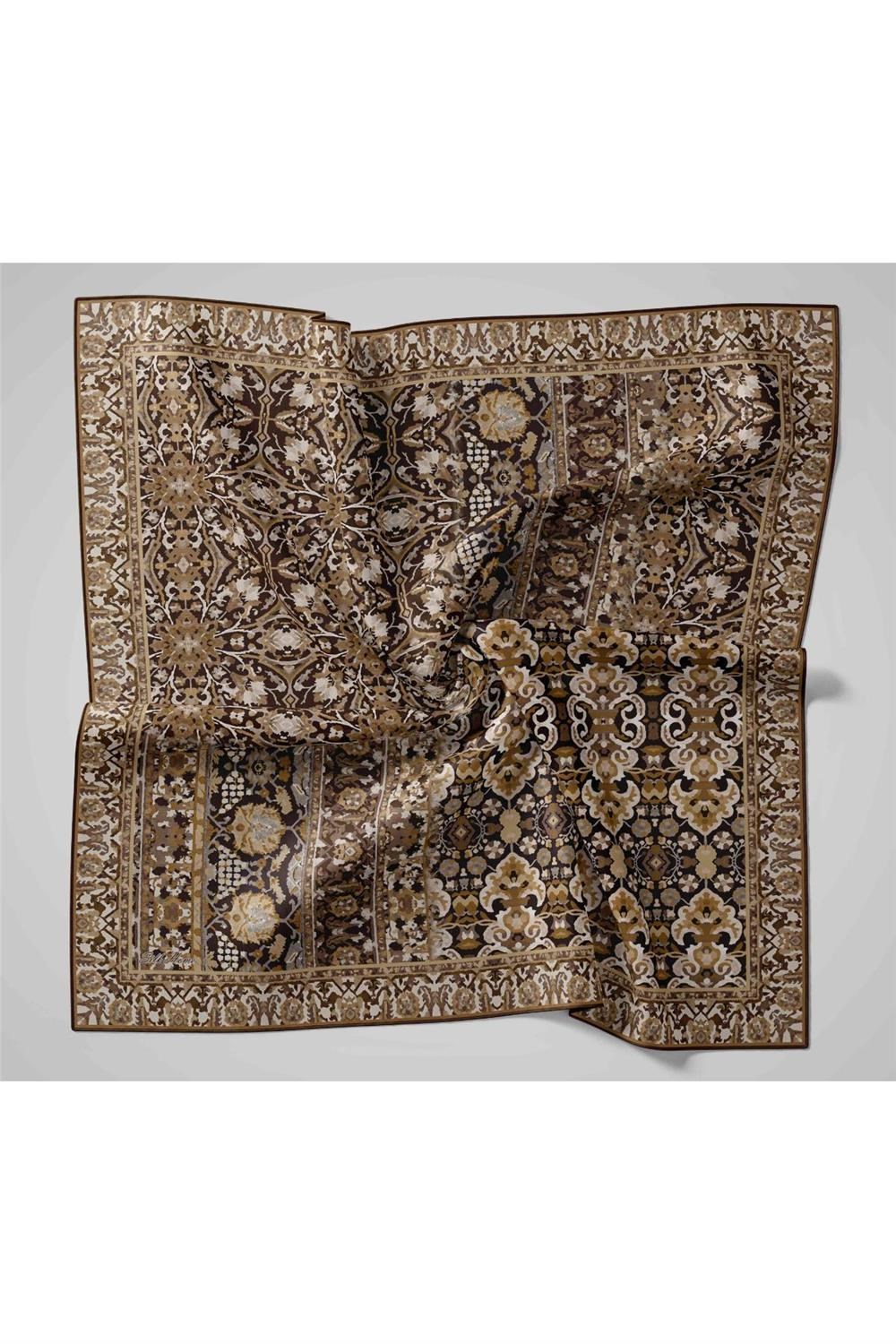 Twill İpek Eşarp Siyah–Haki Desenli Tok Duruşlu Kaymaz 90x90