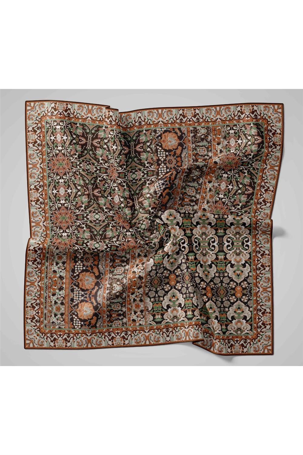 Twill İpek Eşarp Siyah–Kızıl Kahve Desenli Tok Duruşlu Kaymaz 90x90