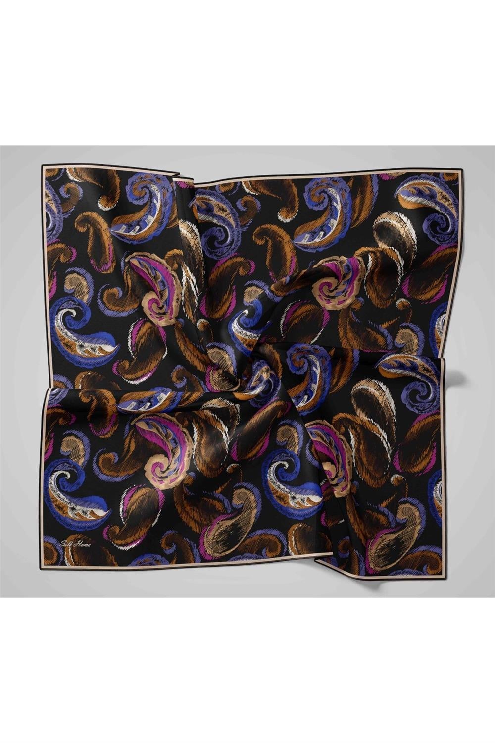 Twill İpek Eşarp Siyah–Lila Desenli Tok Duruşlu Kaymaz 90x90