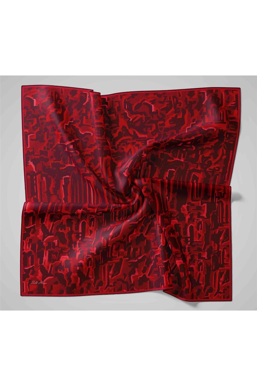 Twill İpek Eşarp Siyah–Mercan–Mor Desenli Tok Duruşlu 90x90