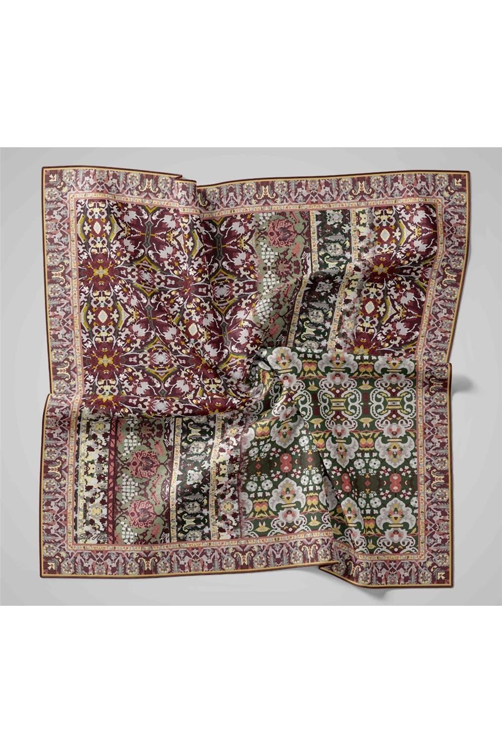 Twill İpek Eşarp Soluk Yeşil–Sarı Desenli Tok Duruşlu Kaymaz 90x90