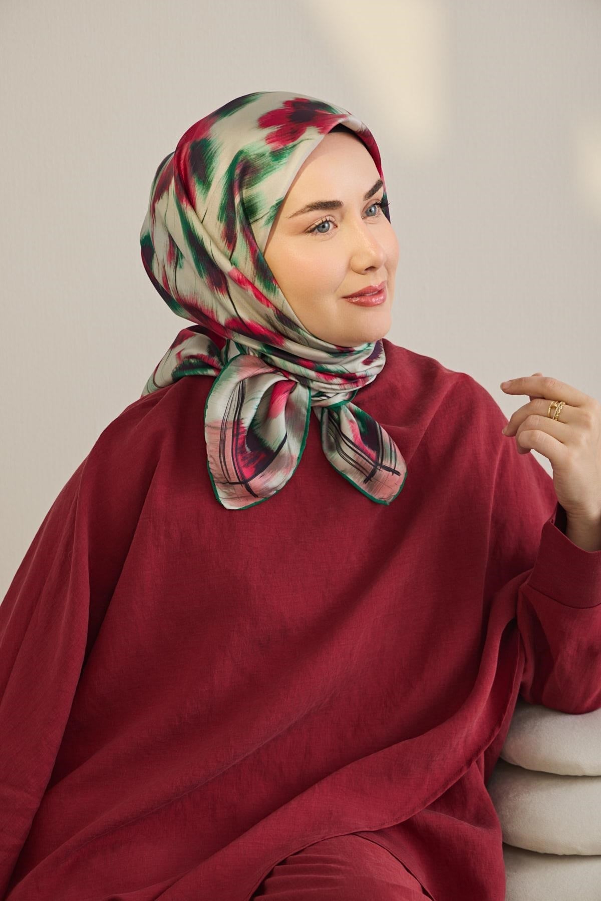 Twill İpek Eşarp Soyut Çiçek Desen Fuşya 90x90