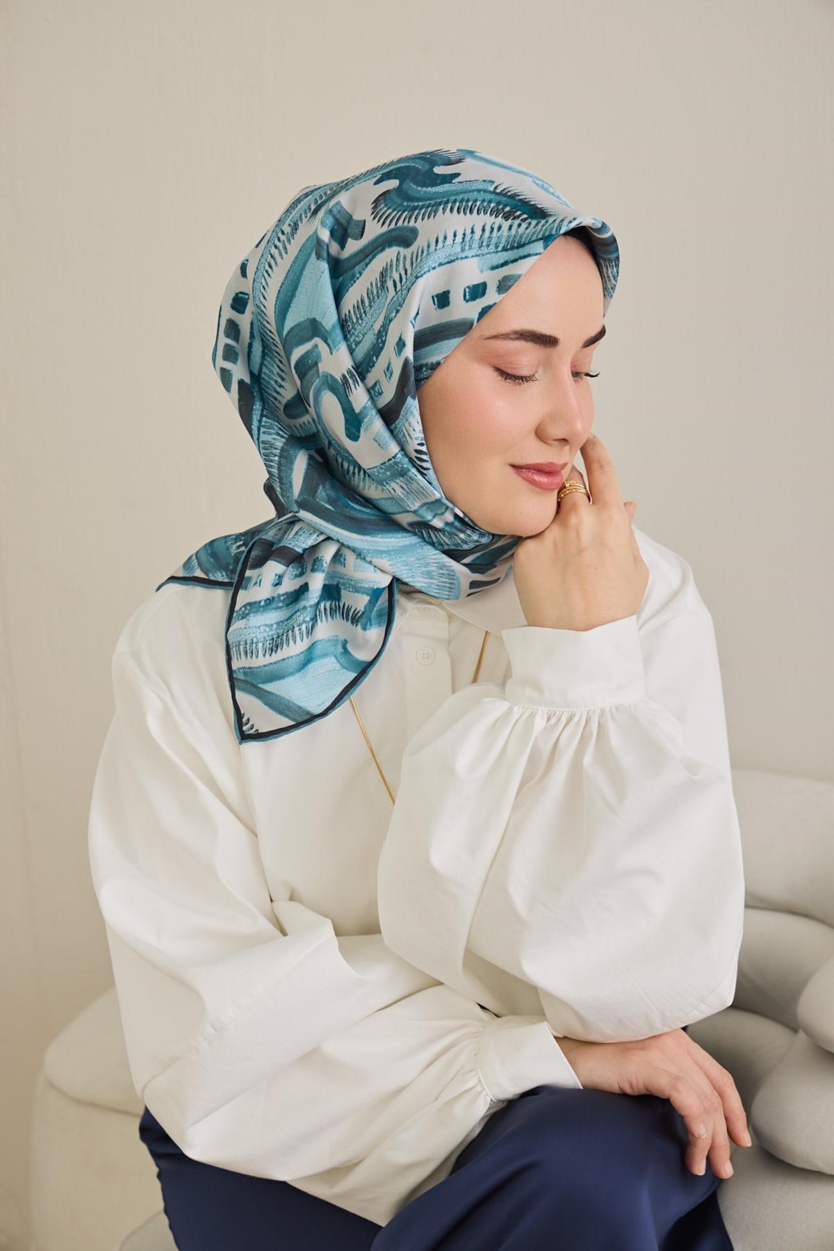 Twill İpek Eşarp Soyut Desen Bebe Mavi 90x90