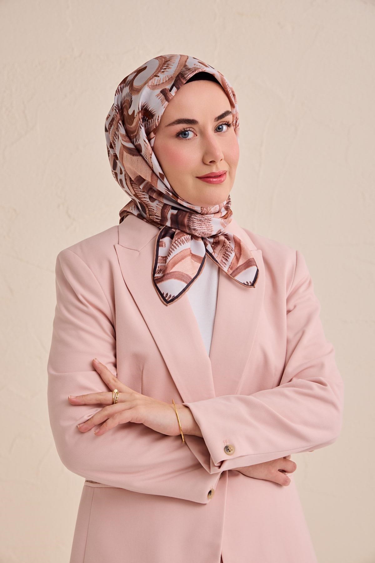 Twill İpek Eşarp Soyut Desen Gümüş 90x90