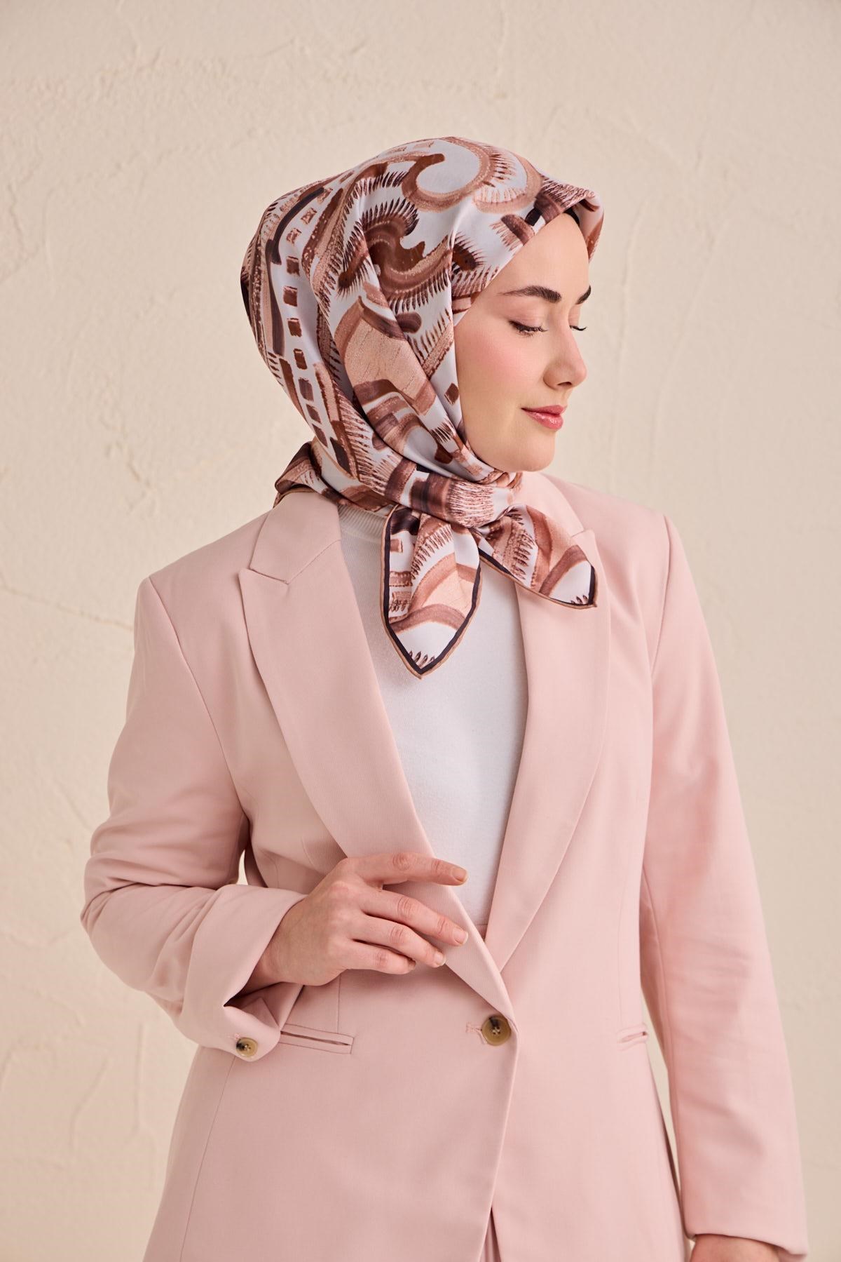 Twill İpek Eşarp Soyut Desen Gümüş 90x90
