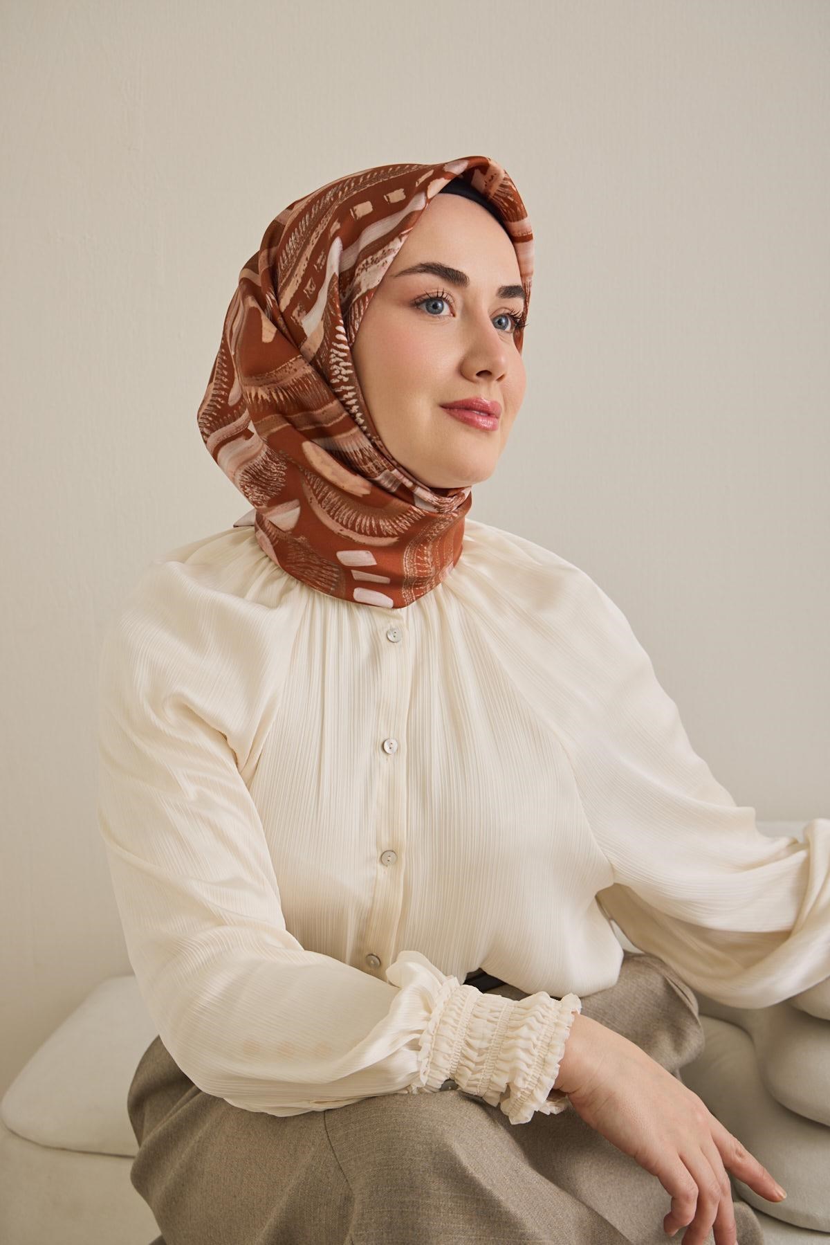 Twill İpek Eşarp Soyut Desen Kiremit 90x90