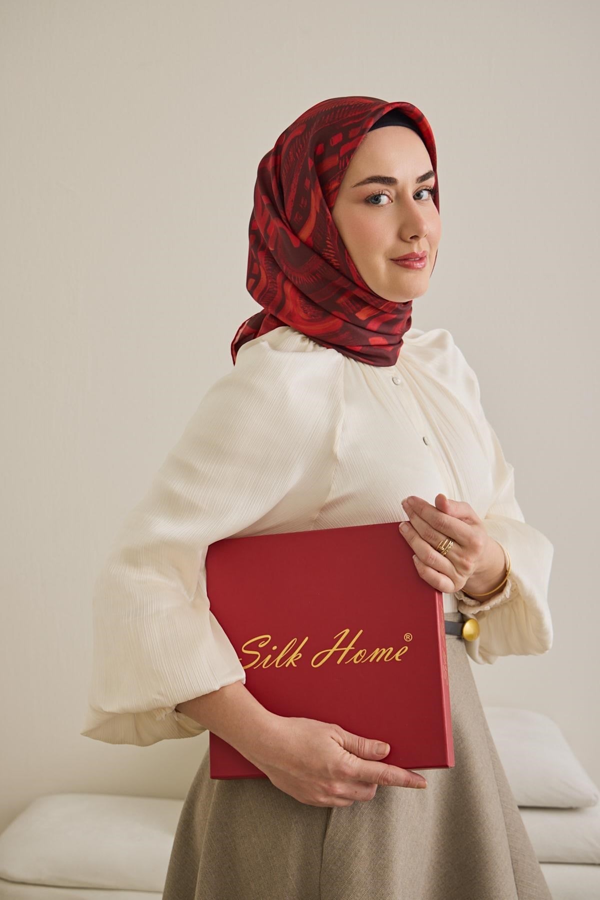 Twill İpek Eşarp Soyut Desen Kırmızı 90x90