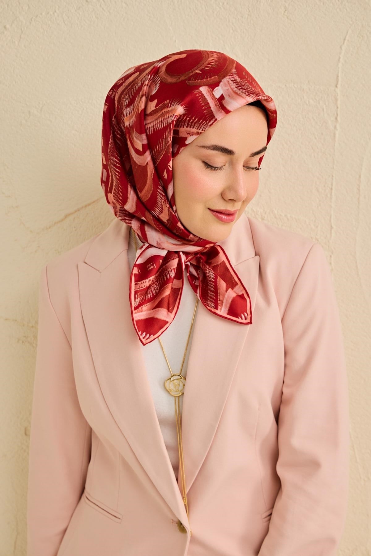 Twill İpek Eşarp Soyut Desen Koyu Kırmızı 90x90