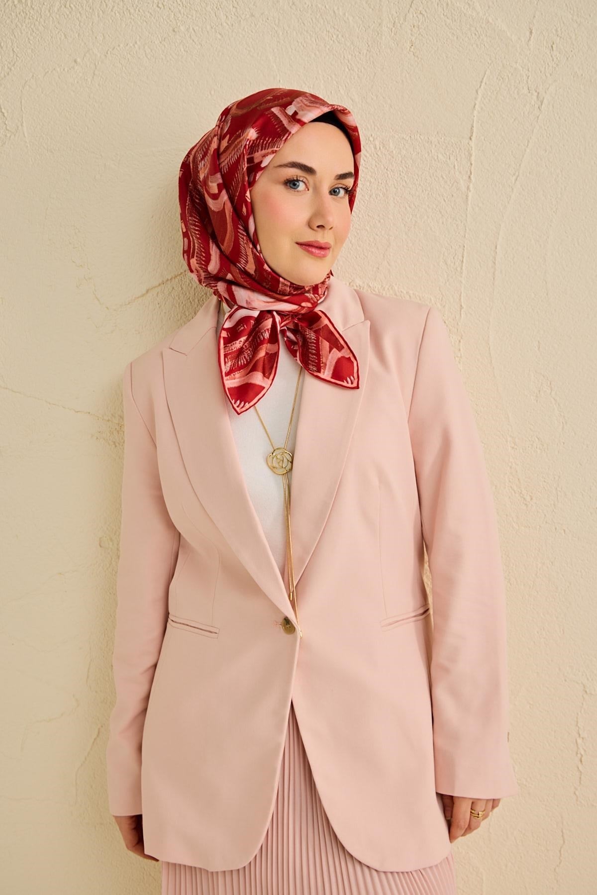 Twill İpek Eşarp Soyut Desen Koyu Kırmızı 90x90