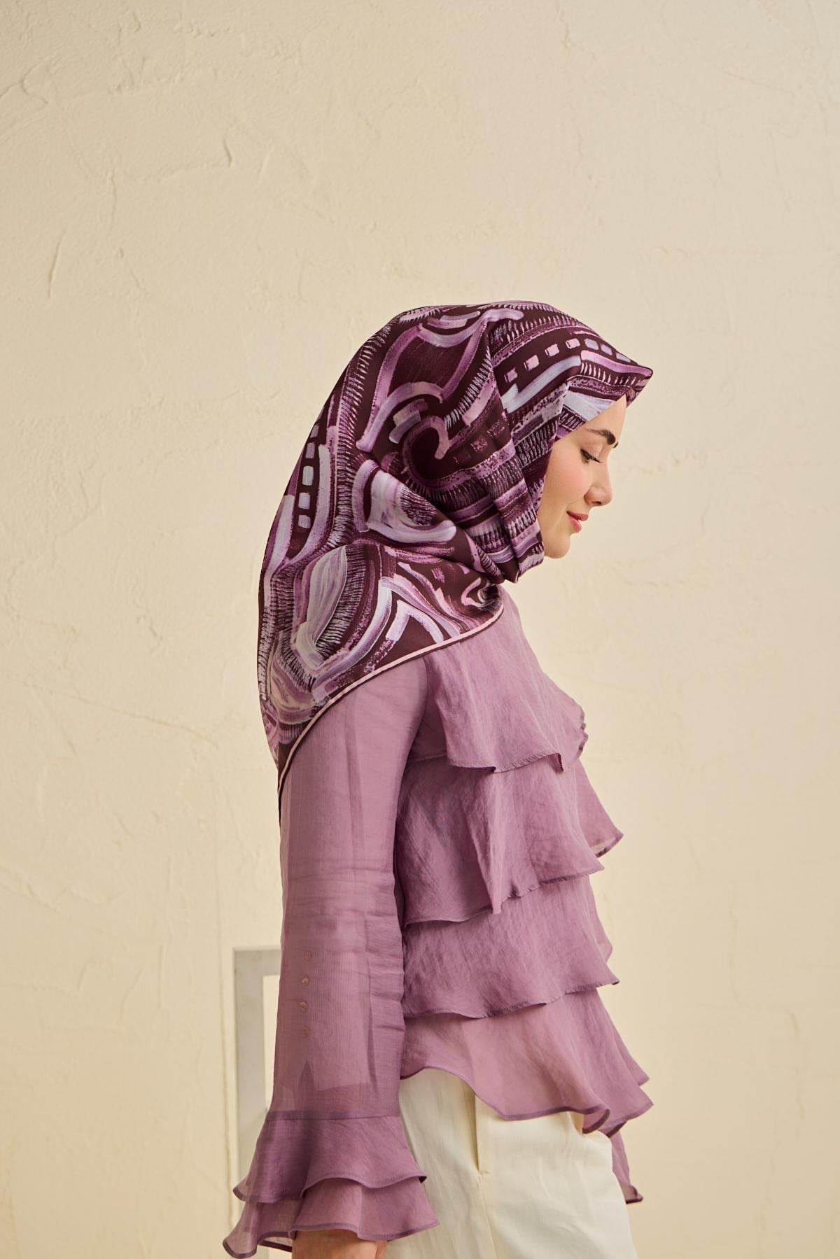Twill İpek Eşarp Soyut Desen Mürdüm 90x90