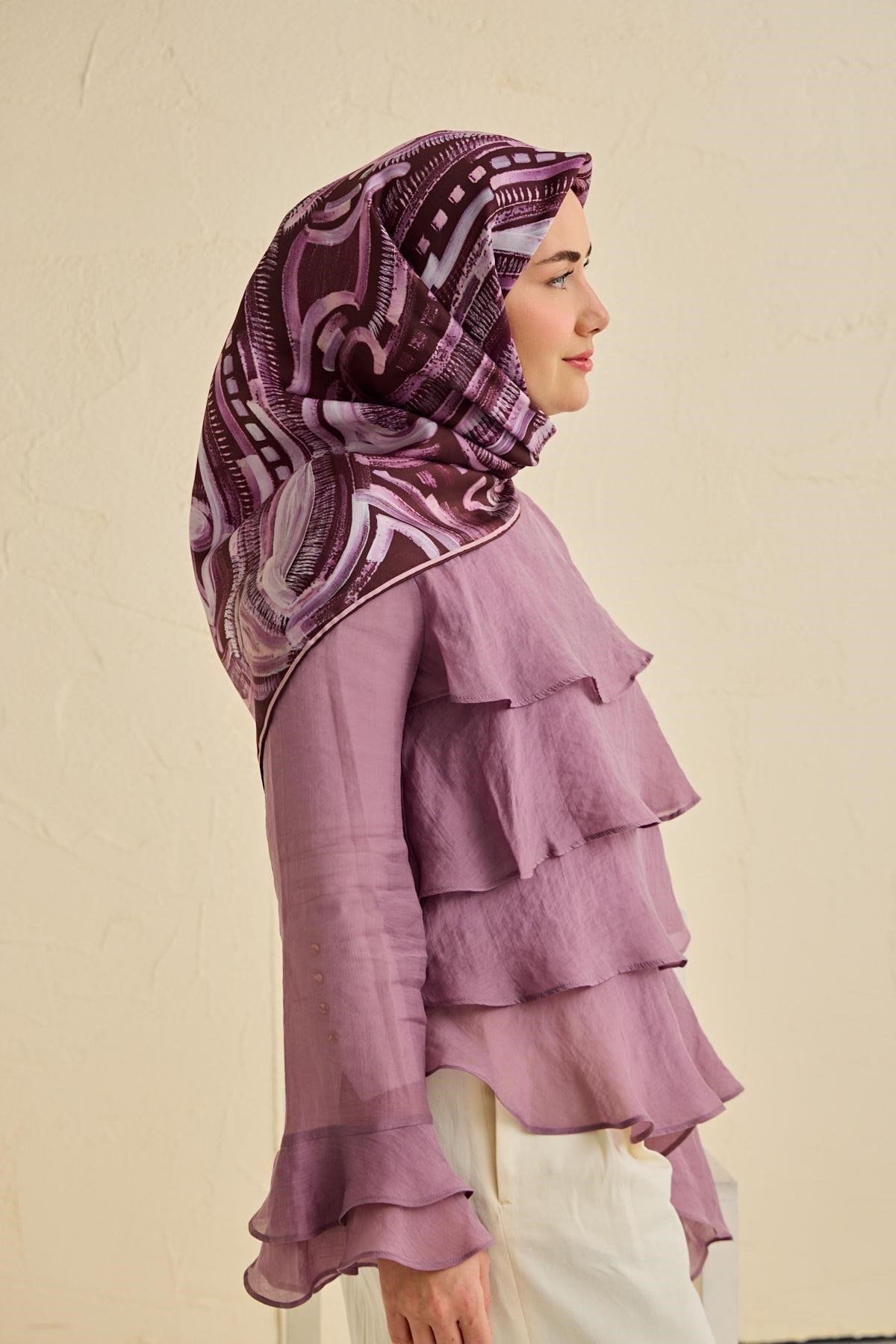 Twill İpek Eşarp Soyut Desen Mürdüm 90x90
