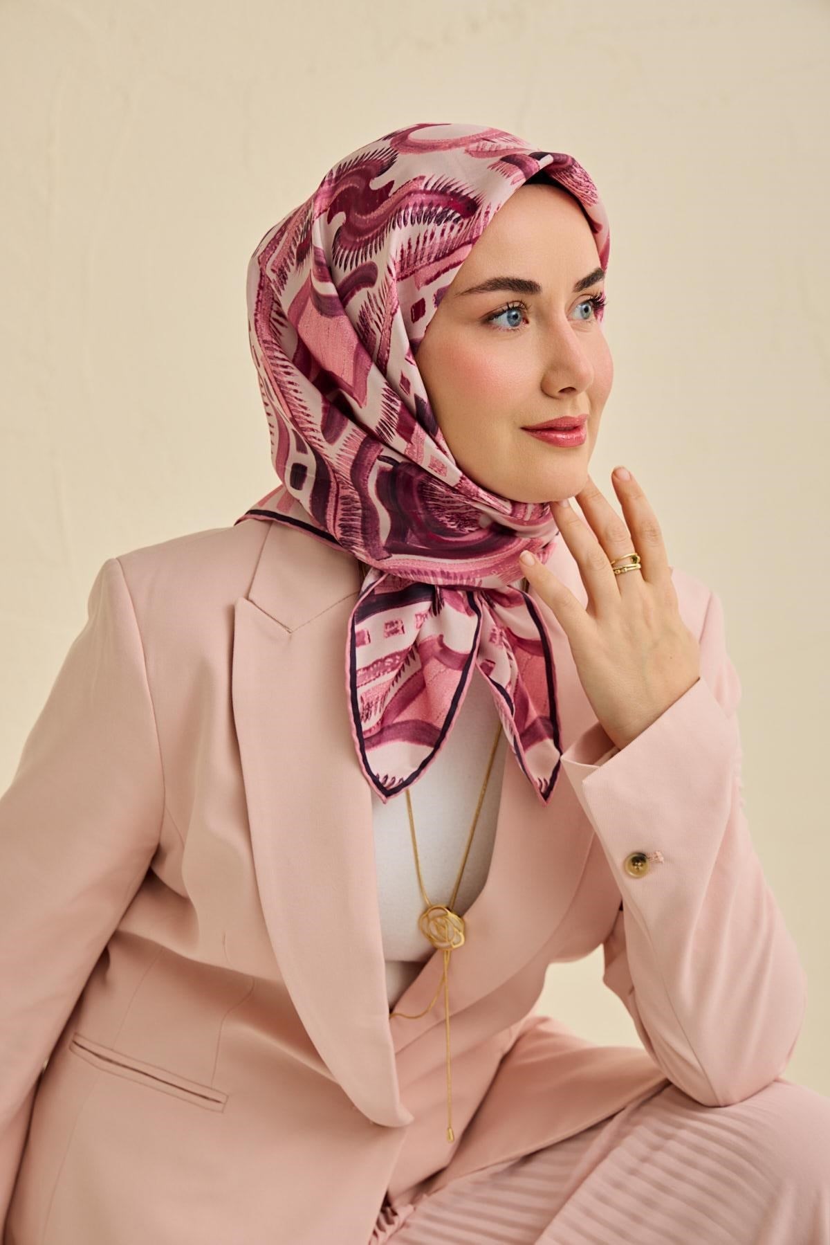 Twill İpek Eşarp Soyut Desen Tozpembe 90x90