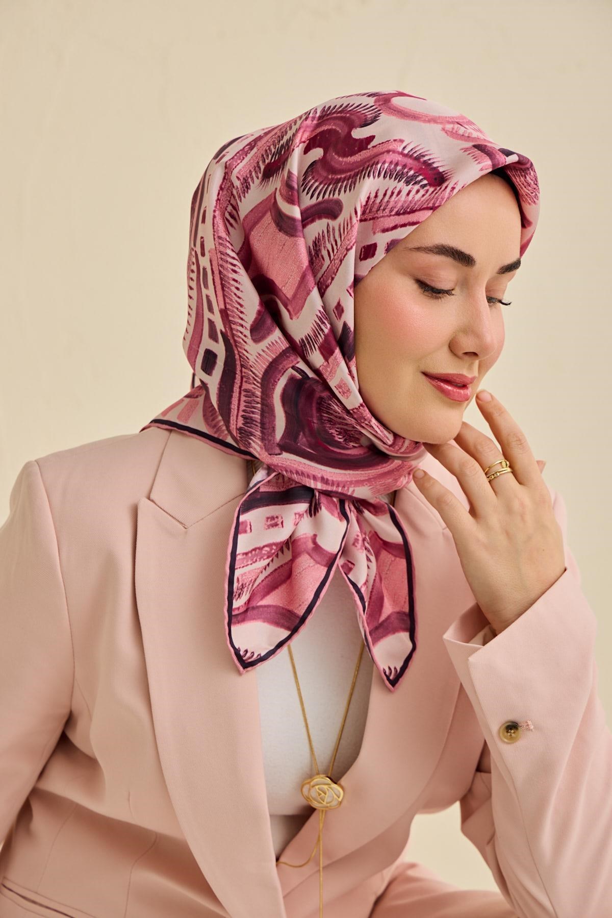 Twill İpek Eşarp Soyut Desen Tozpembe 90x90