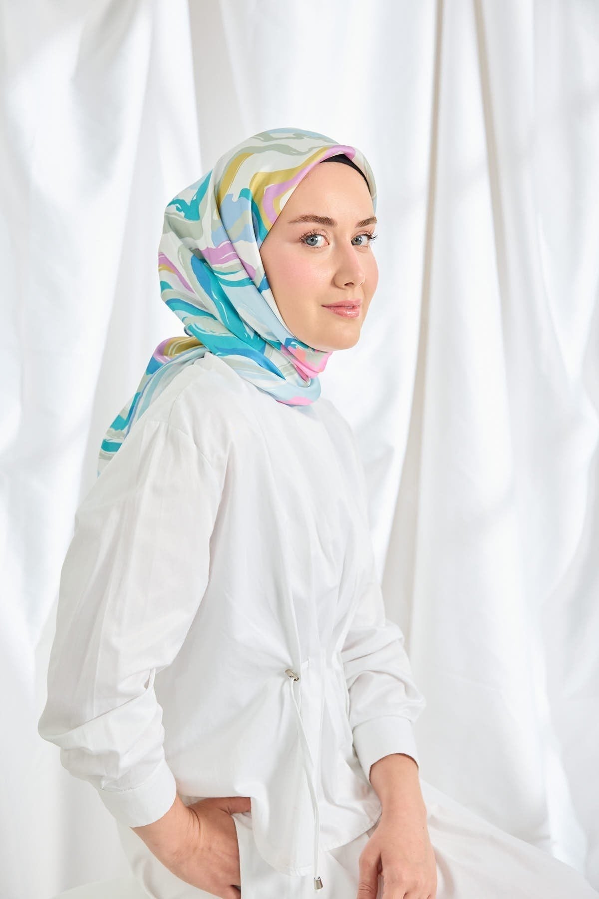 Twill İpek Eşarp Soyut Mavi