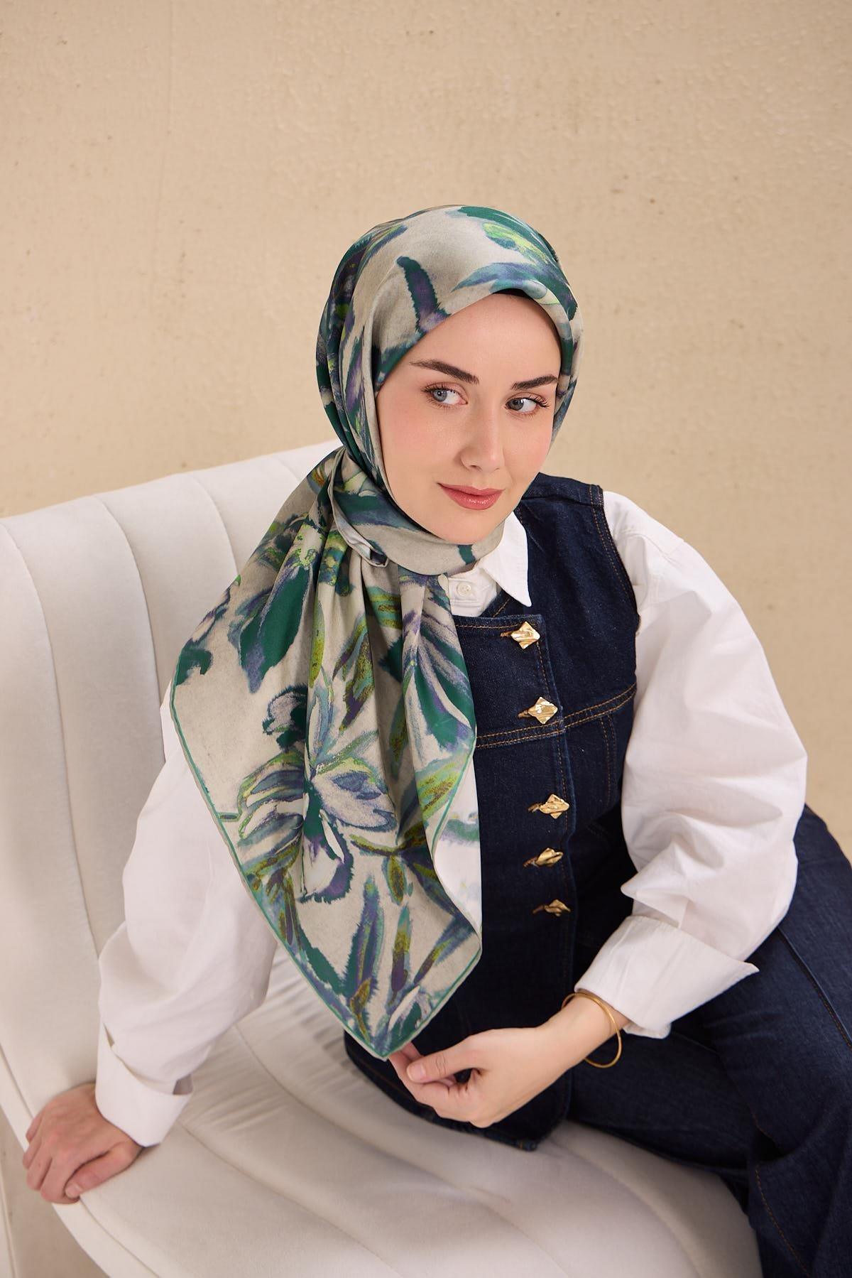 Twill İpek Eşarp Sulu Boya Petrol Yeşili 90x90