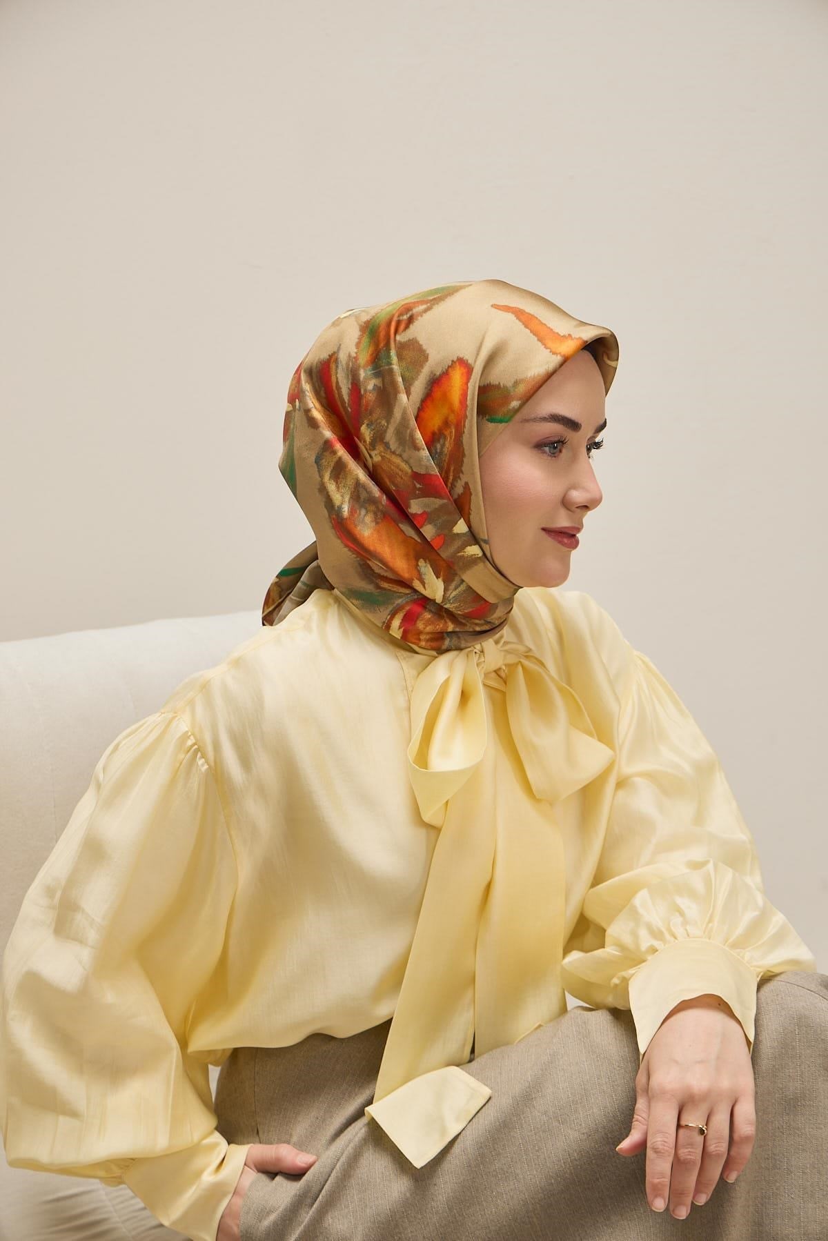 Twill İpek Eşarp Sulu Boya Yeşil Bej 90x90