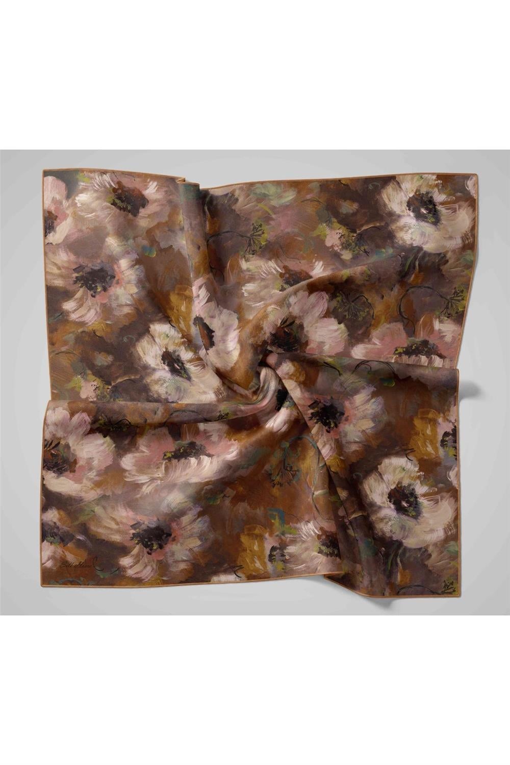 Twill İpek Eşarp Sütlü Kahve-Kahverengi Desenli Tok Duruşlu 90x90