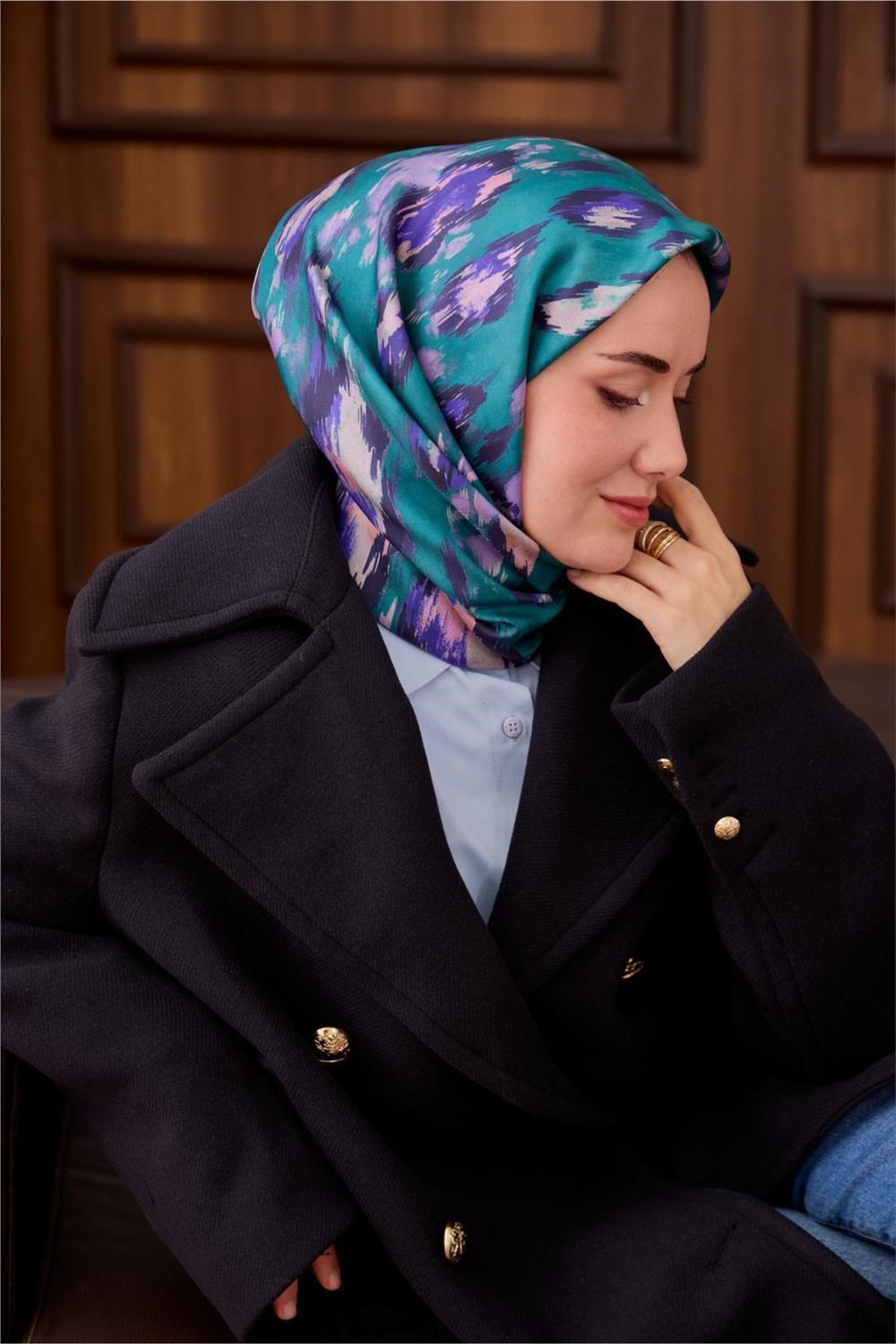 Twill İpek Eşarp Turkuaz-Leylak Desenli Tok Duruşlu 90x90