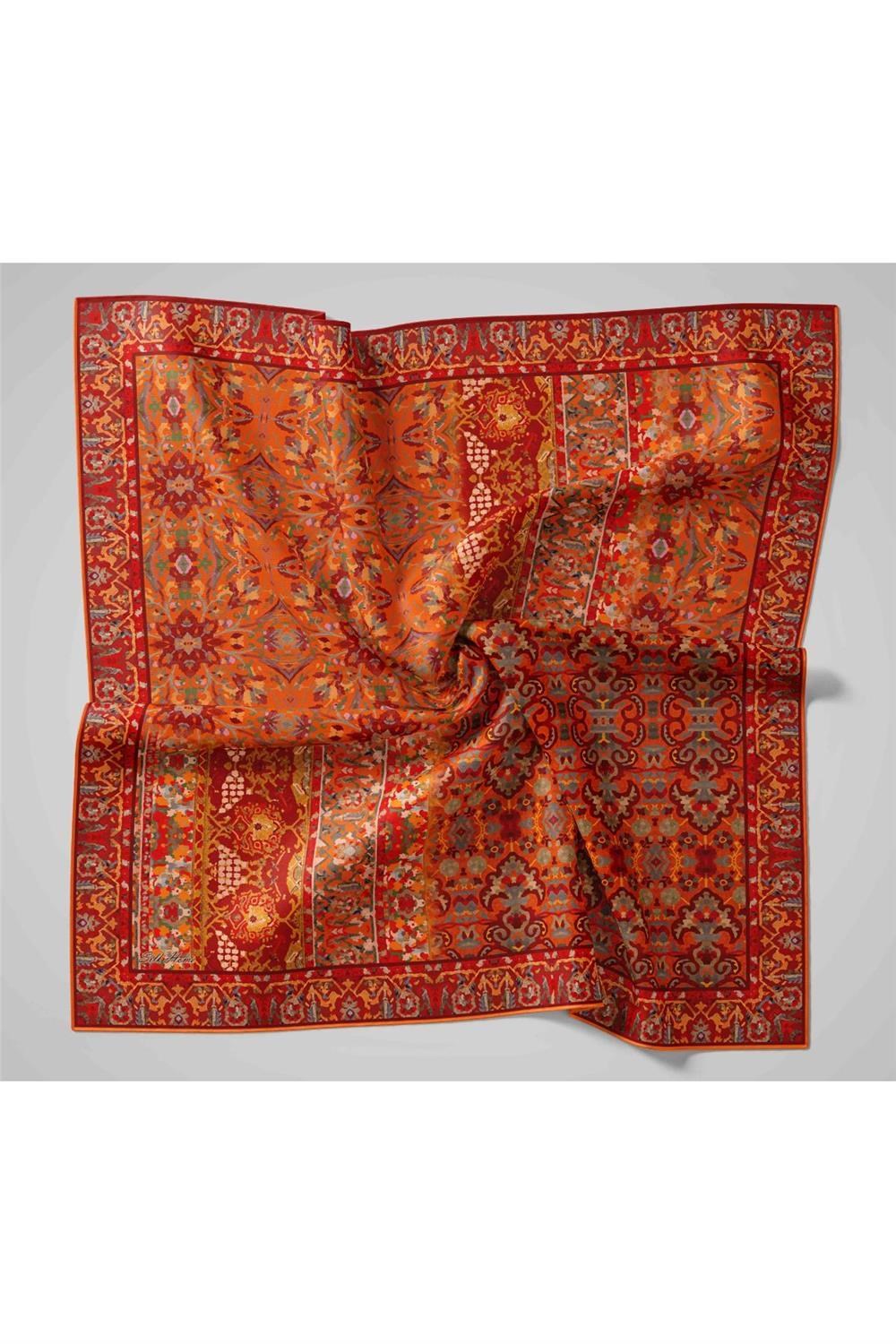 Twill İpek Eşarp Turuncu–Bordo Desenli Tok Duruşlu Kaymaz 90x90