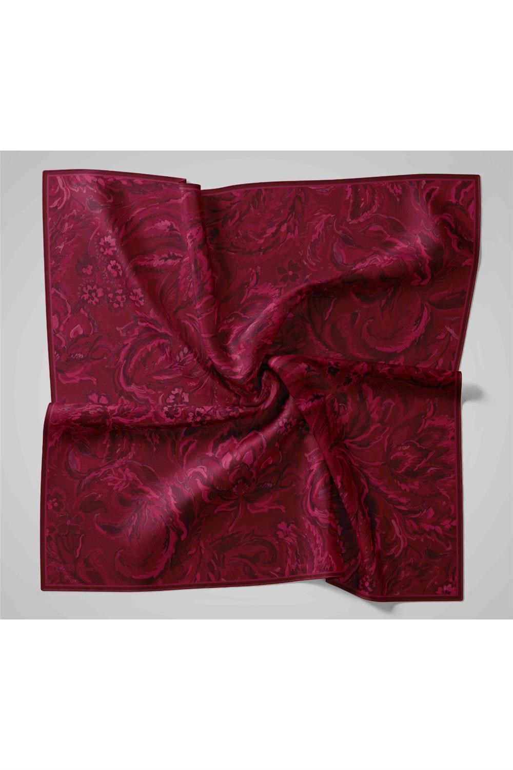 Twill İpek Eşarp Vişne-Siyah Desenli Tok Duruşlu 90x90