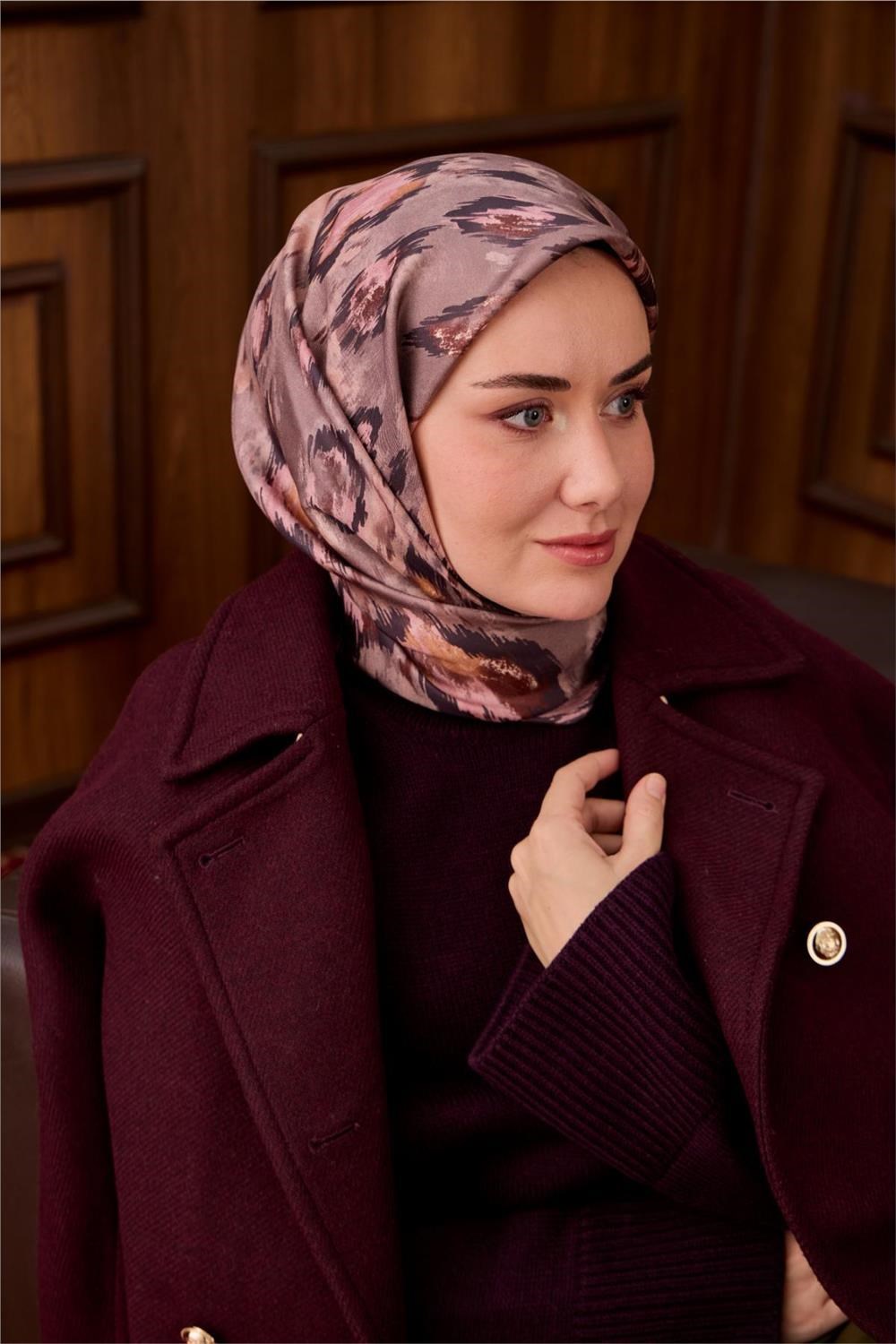 Twill İpek Eşarp Vizon-Acı Kahve Desenli Tok Duruşlu 90x90
