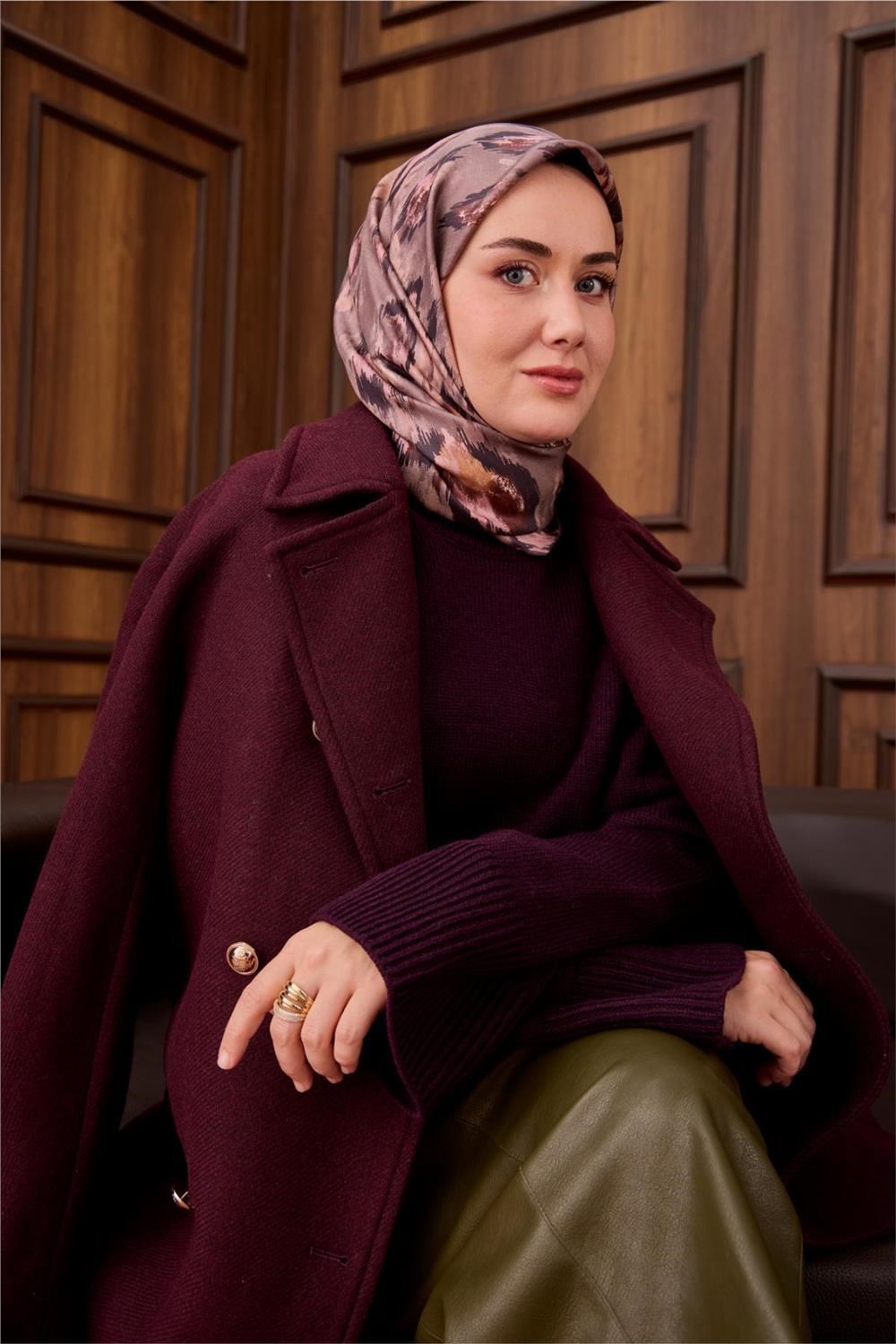 Twill İpek Eşarp Vizon-Acı Kahve Desenli Tok Duruşlu 90x90