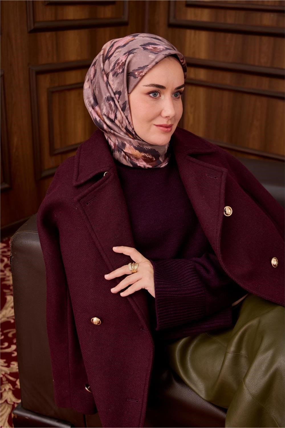 Twill İpek Eşarp Vizon-Acı Kahve Desenli Tok Duruşlu 90x90